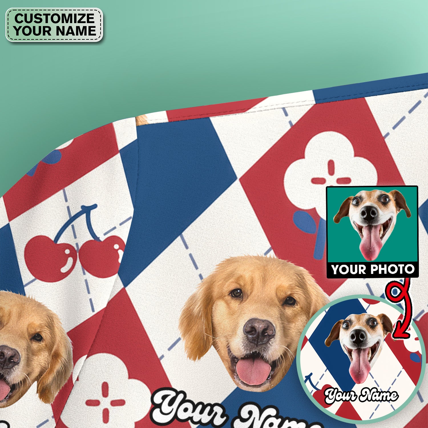 Custom Dog Face Scrub Top, Playful Dog Cherry Argyle Pattern Shirt, Comfortable Scrubs for Nurses