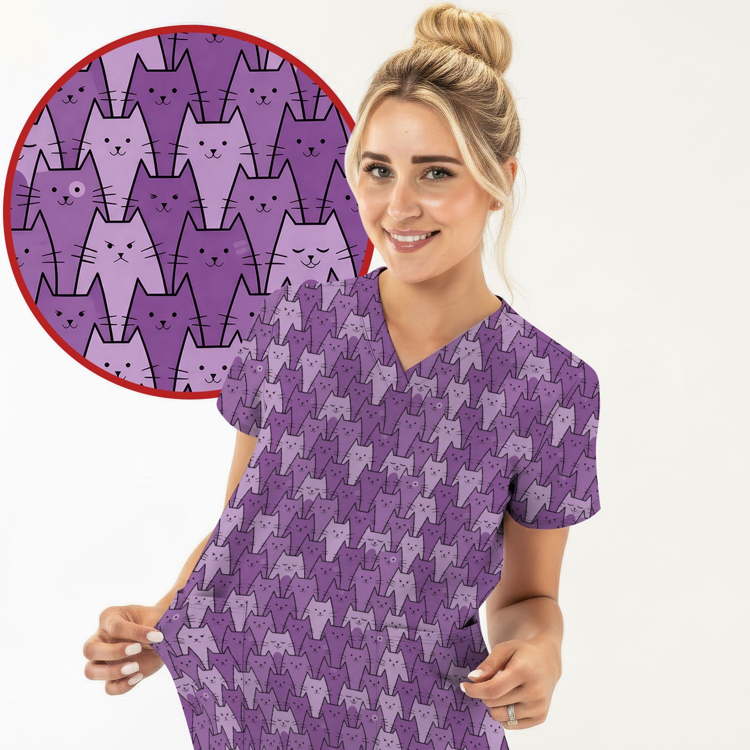 Cute Purple Cats Pattern Scrubs Top, Comfortable Scrubs for Nurses