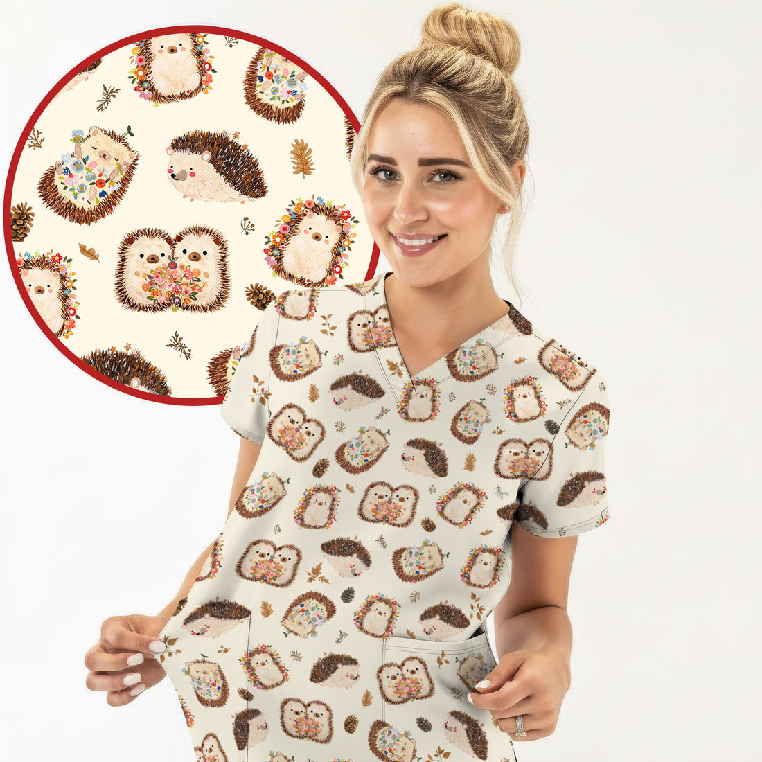 Cute Hedgehog Floral Scrub Top, Breathable Fabrics Nursing Uniform