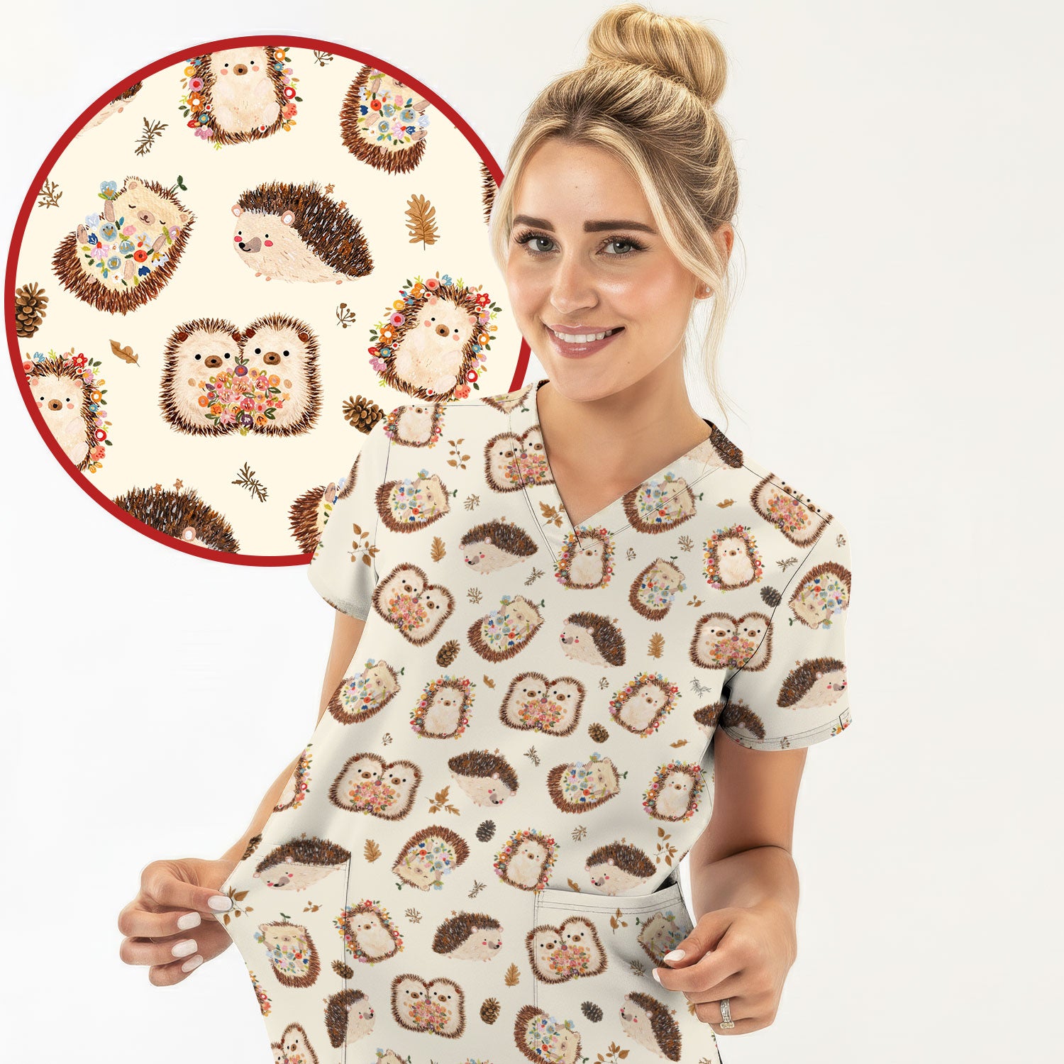 Cute Hedgehog Floral Scrub Top, Breathable Fabrics Nursing Uniform