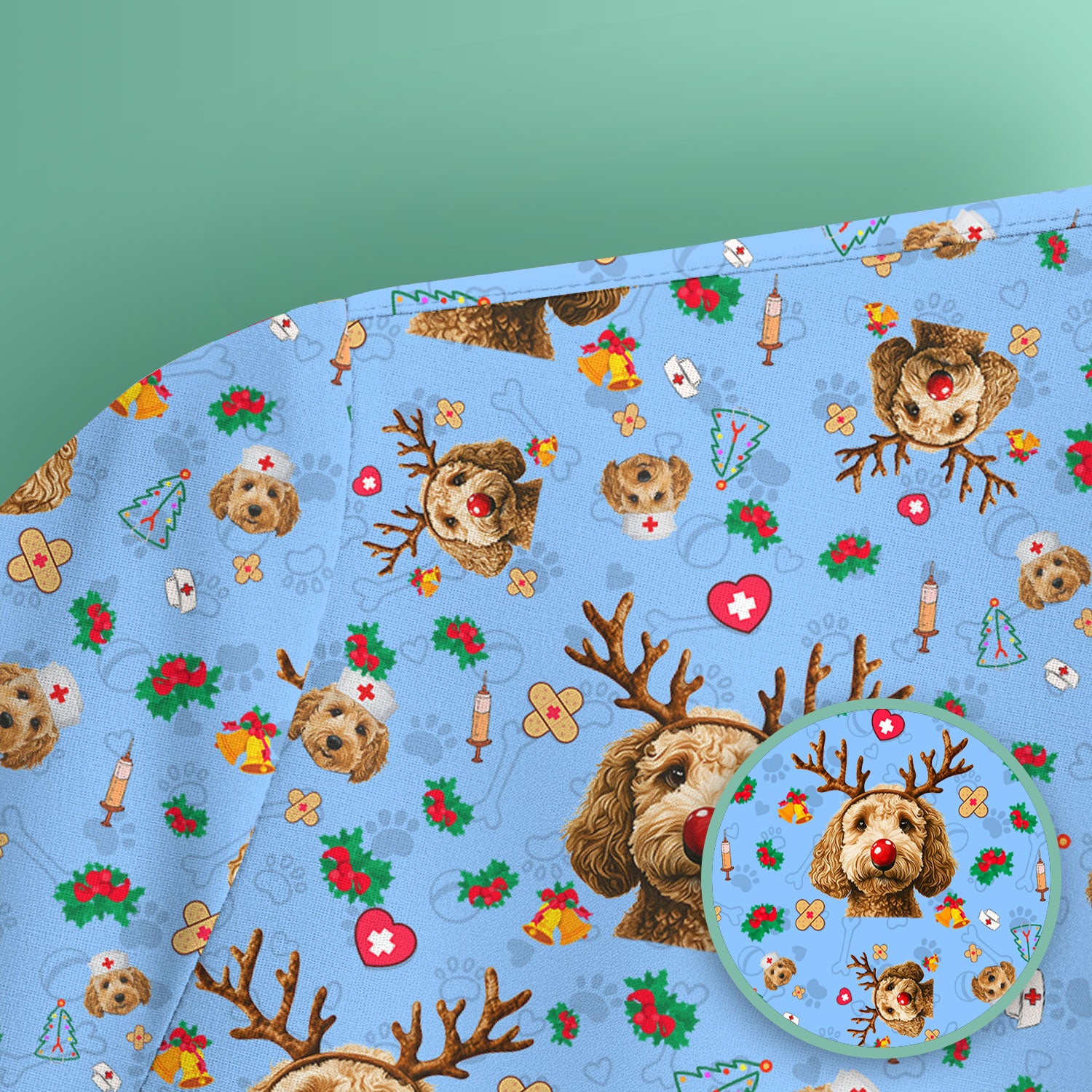 Labradoodle Reindeer Christmas Scrub Top - Funny Dog Nurse Shirt - Cute Holiday Medical Uniform for Women RN LPN CNA Gift