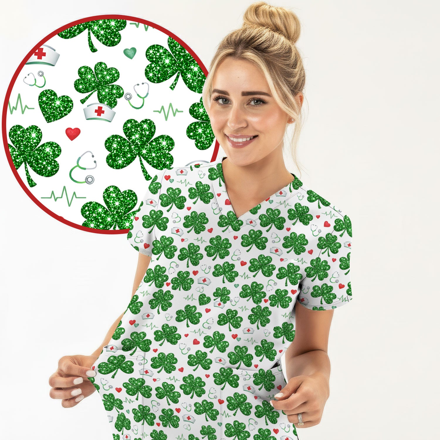 St. Patrick’s Day Nurse Scrub Top, Green Clover Medical Pattern Shirt, Breathable Fabrics Nursing Uniform