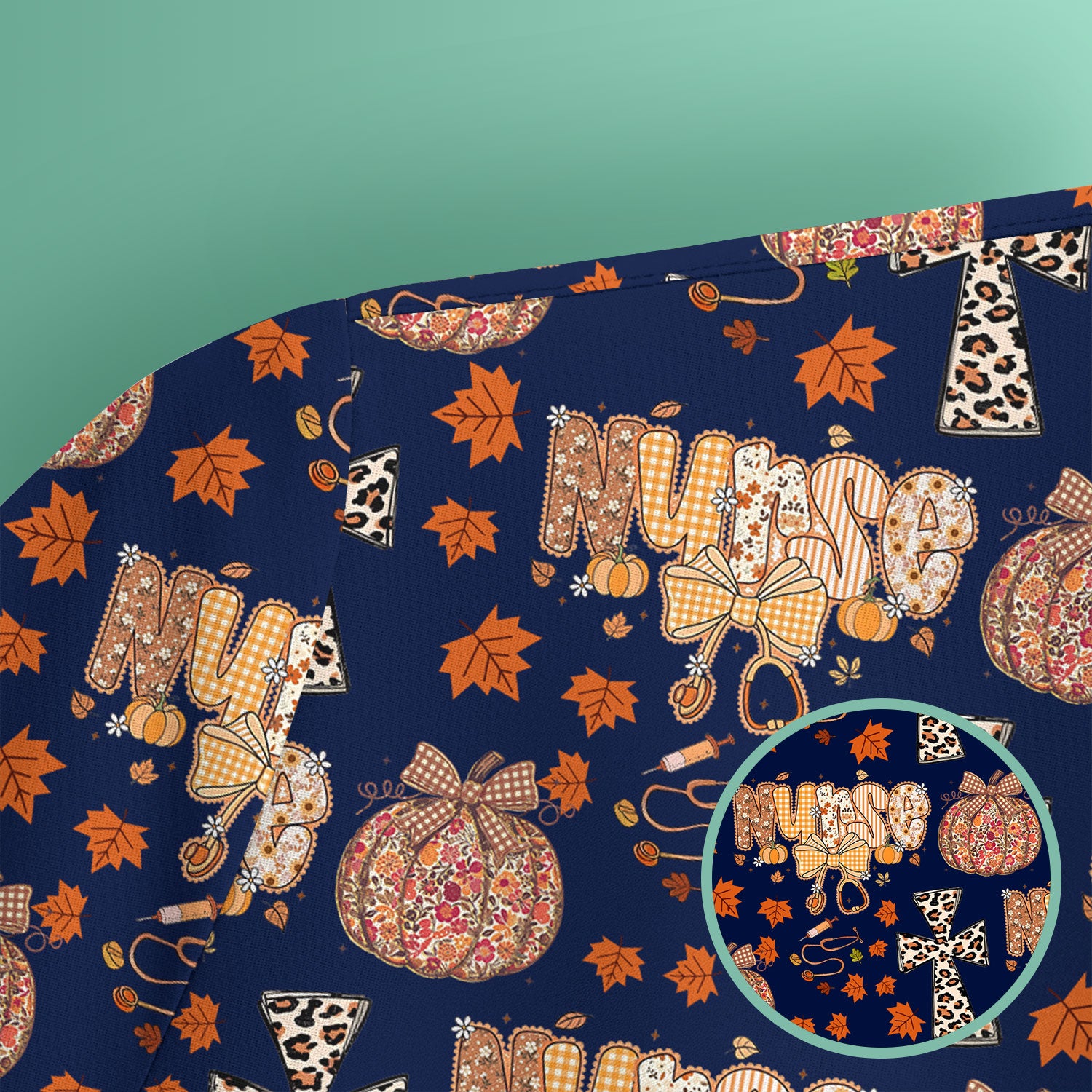 Floral Pumpkin Scrub Top for Women - Coquette Bow Thanksgiving Shirt - Comfortable Medical Uniform