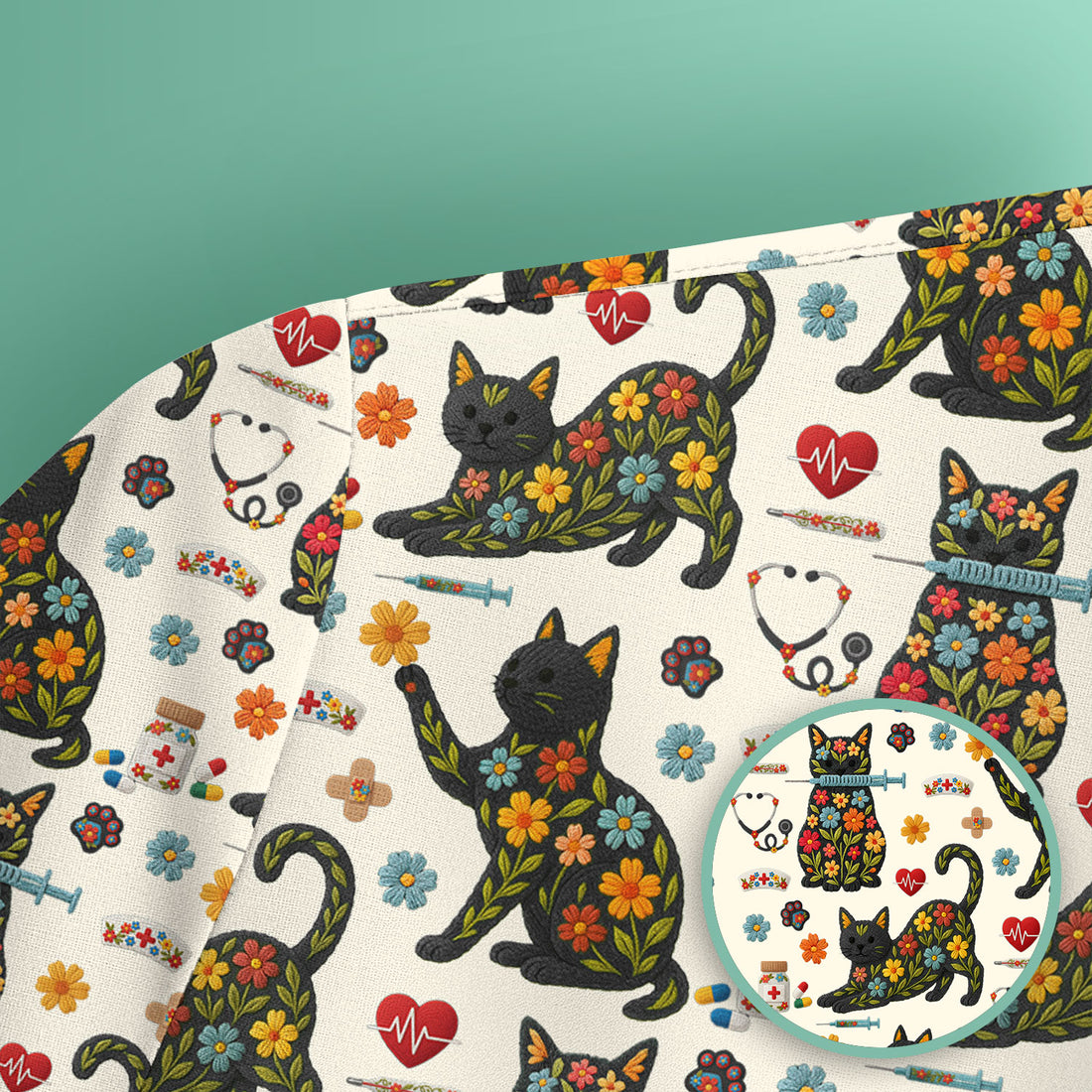 Floral Black Cat Pattern Scrub Top, Cute Cat Nurse Scrub Shirt, Medical Nursing Uniform