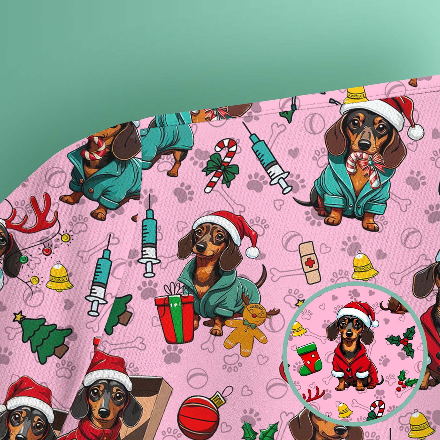 Christmas Dachshund Scrubs for Nurses - Cute Sausage Dog Holiday Scrub Top - Funny Reindeer & Santa Medical Shirt for Women