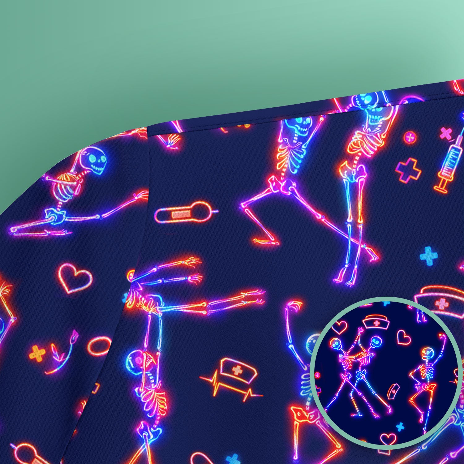 Neon Dancing Skeleton Medical Pattern Scrub Top, Comfortable Scrubs for Nurses