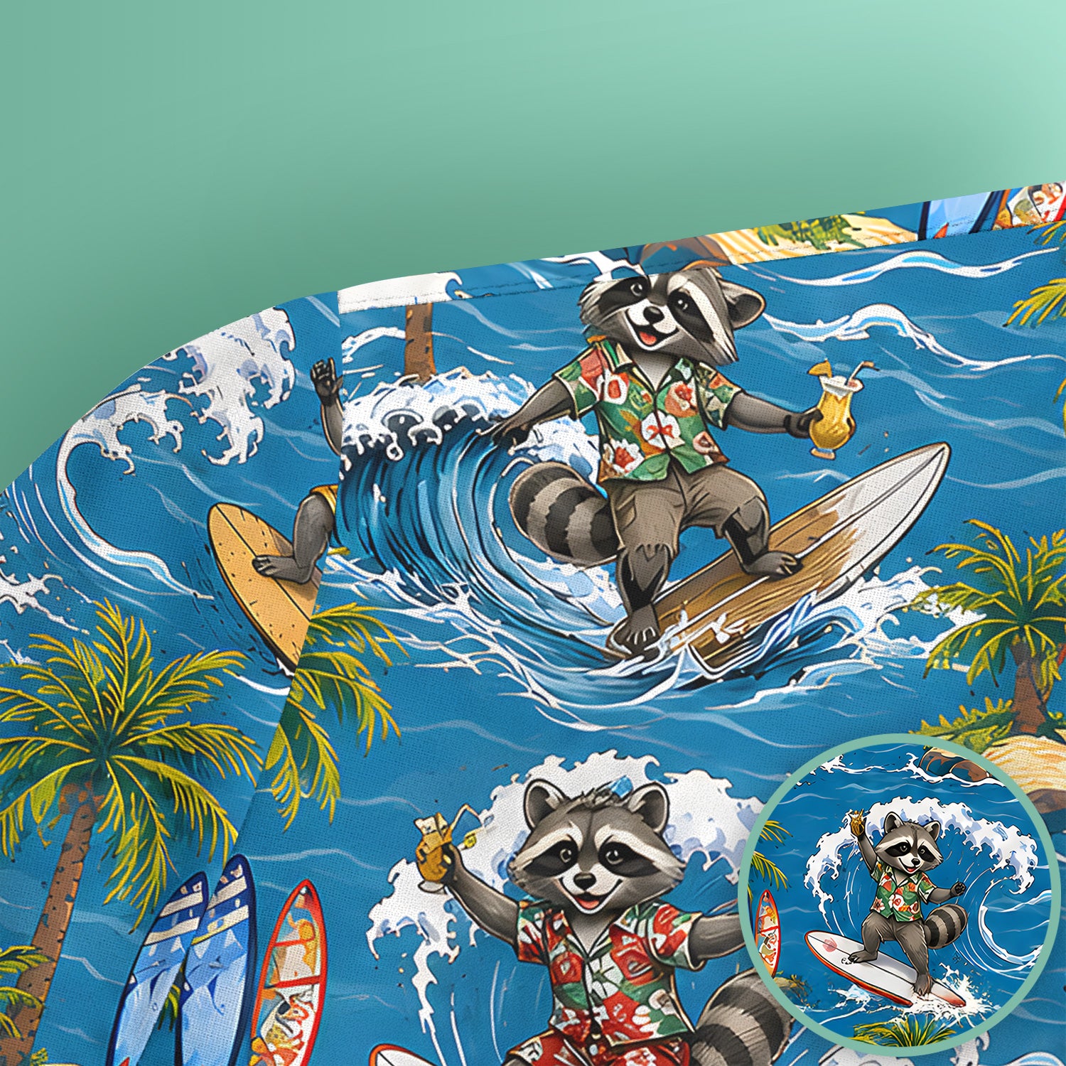 Tropical Surfing Raccoon Island Pattern Scrub Top, Comfortable Scrubs for Nurses