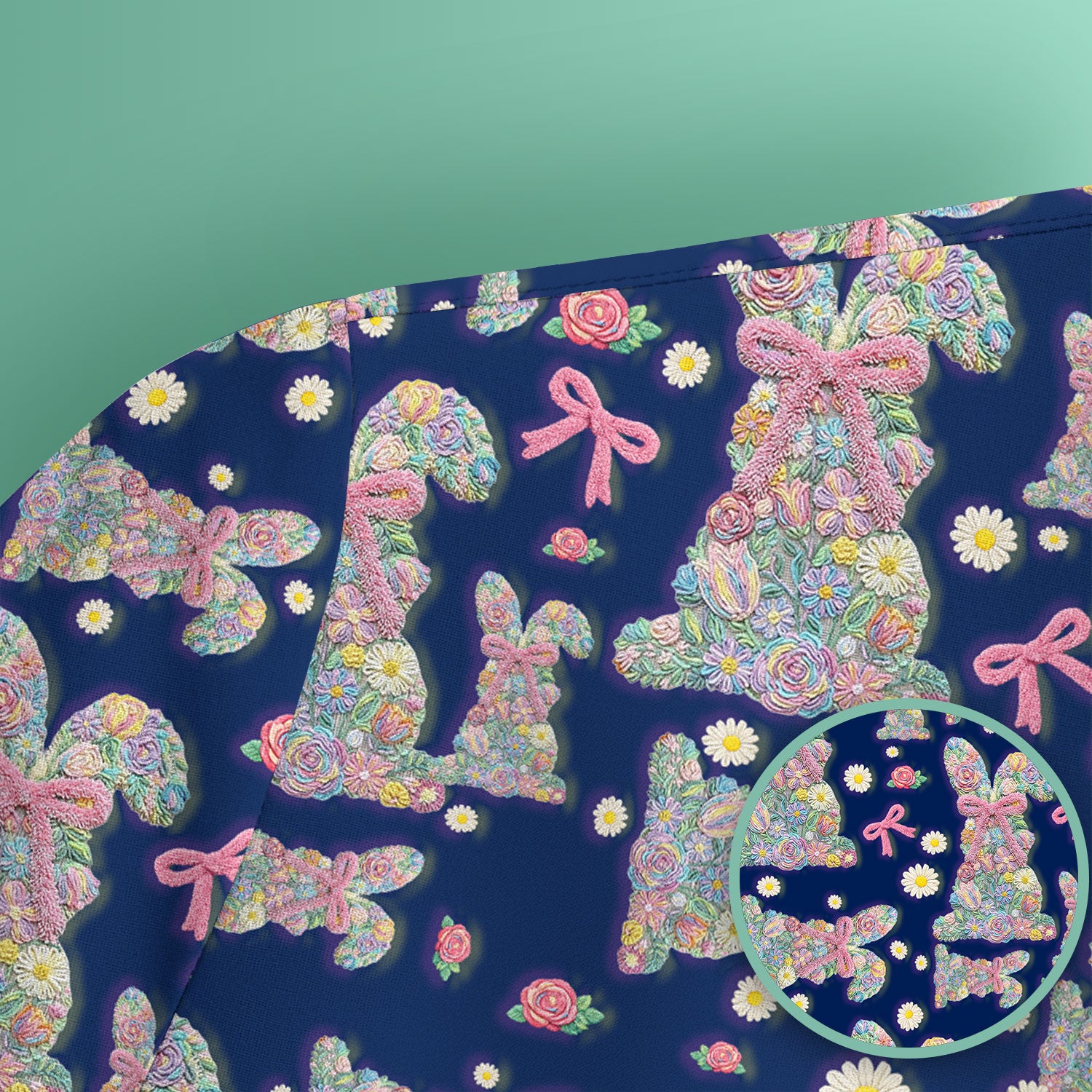 Colorful Floral Bunny with Pink Bow Pattern Scrub Top, Breathable Fabrics Nursing Uniform, Easter