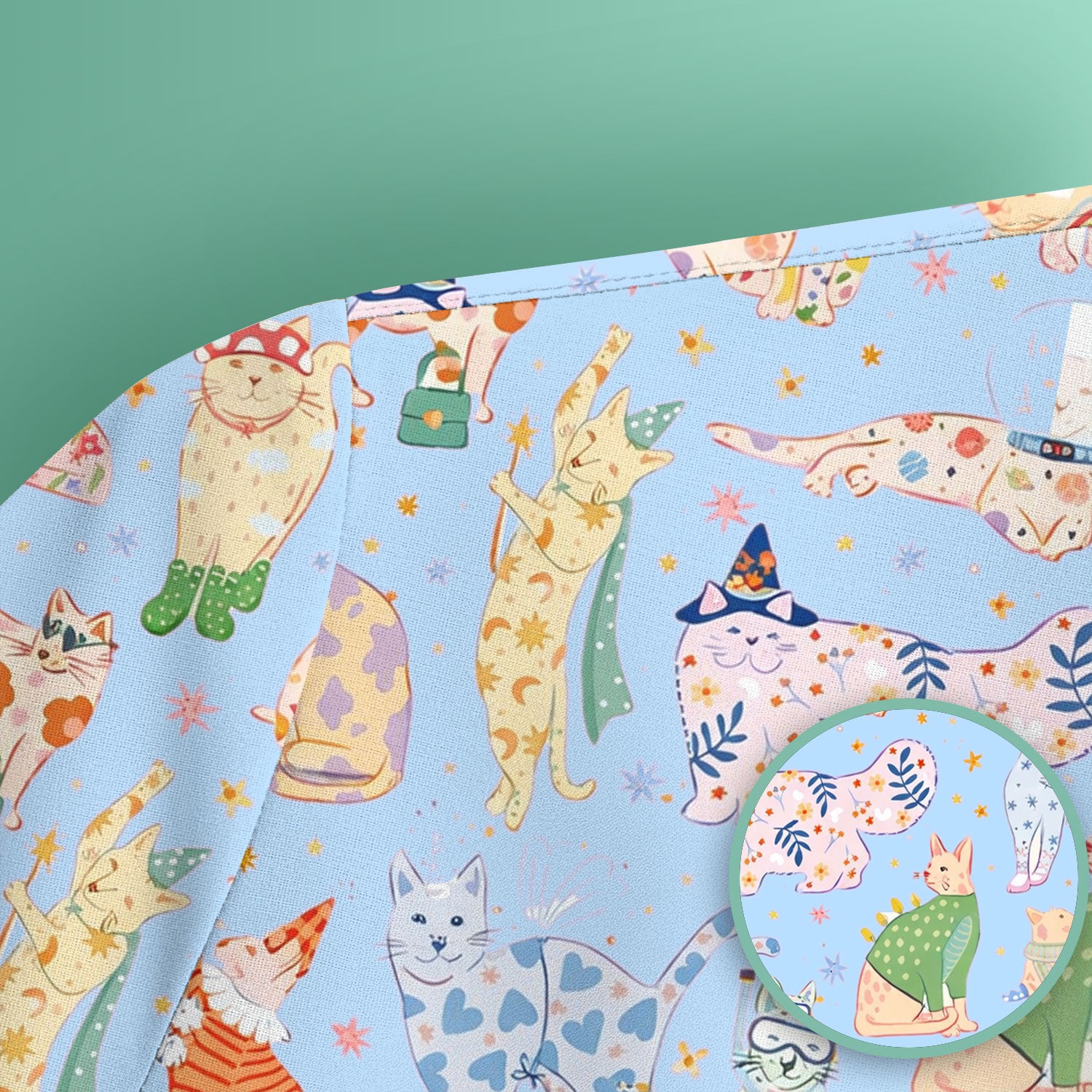 Colorful Pastel Cartoon Cats Print Scrub Top, Breathable Fabrics Nursing Uniform