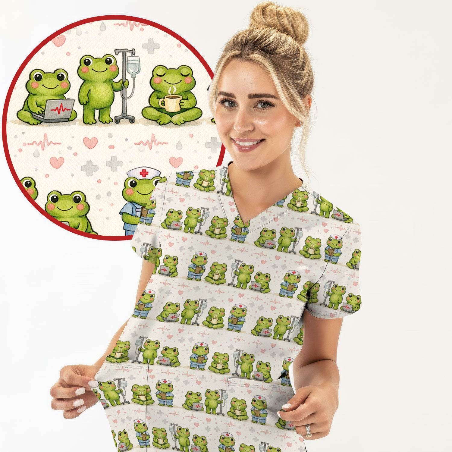 Adorable Frog Nurse Various Poses Print Scrub Top, Comfortable Scrubs for Nurses