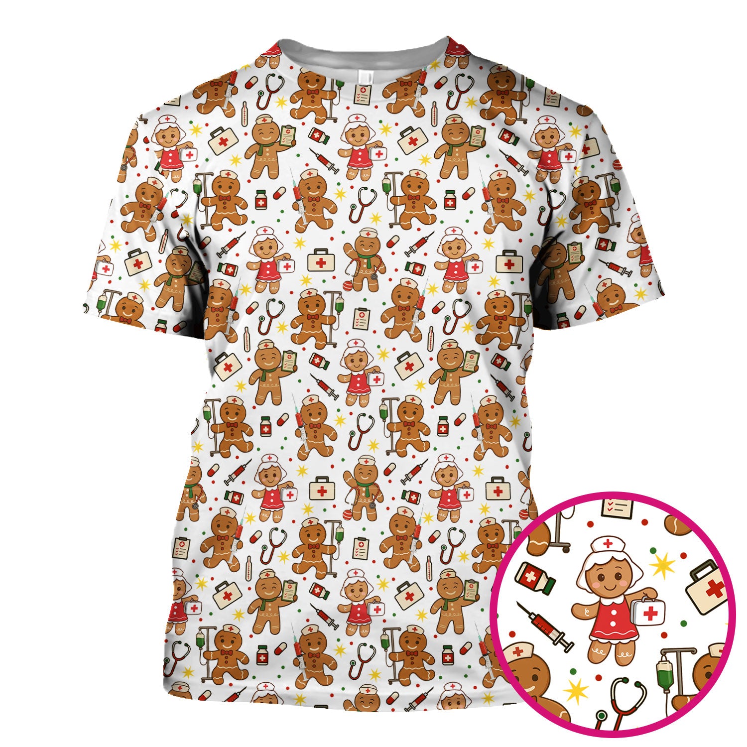 Gingerbread Christmas Nurse Scrub Top - Cute Holiday Cookie Pattern Shirt for Women - Funny Festive Nursing Gift for RN LPN CNA