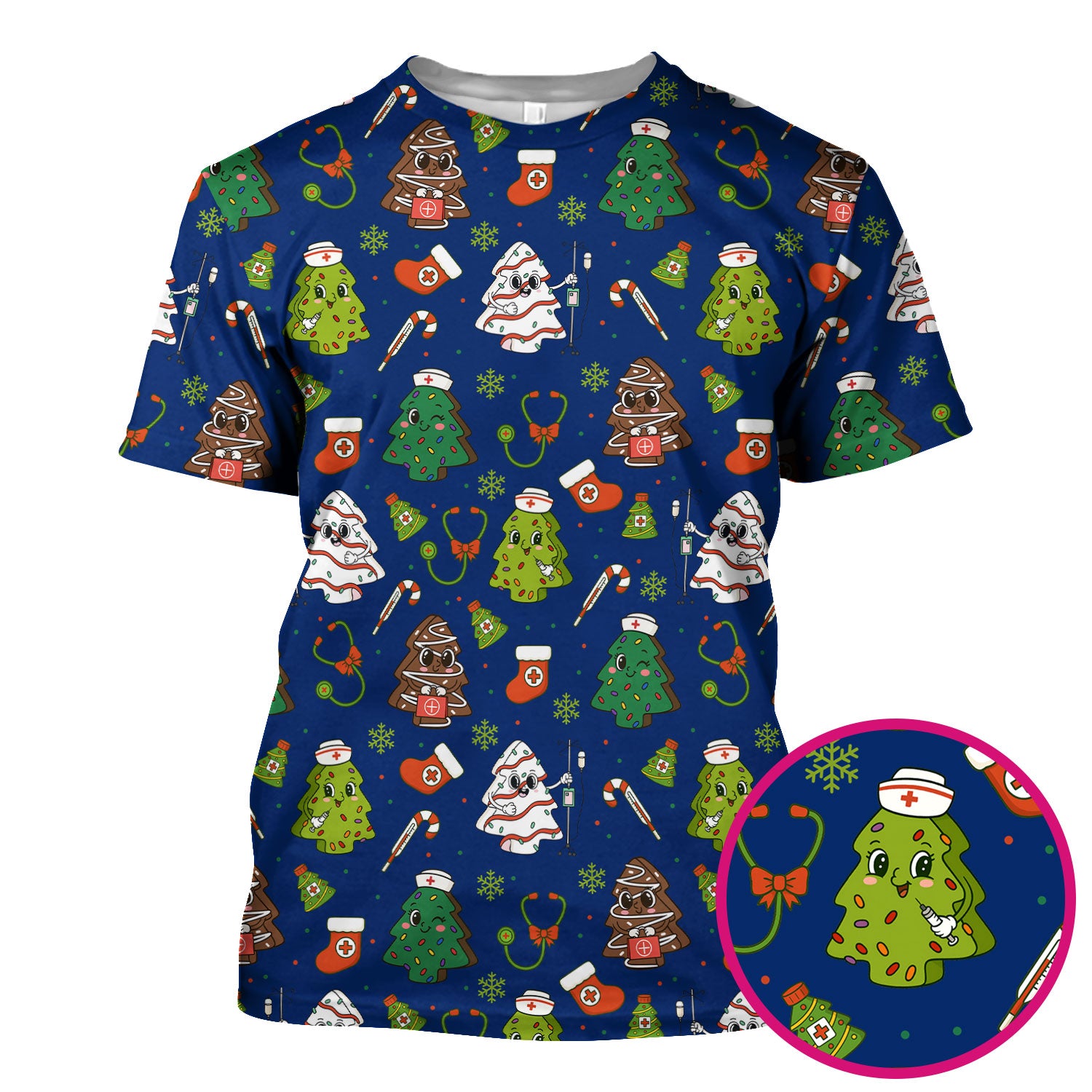Funny Christmas Nurse Scrub Top - Adorable Tree Pattern Holiday Shirt - Cute Gift for Women RN LPN CNA