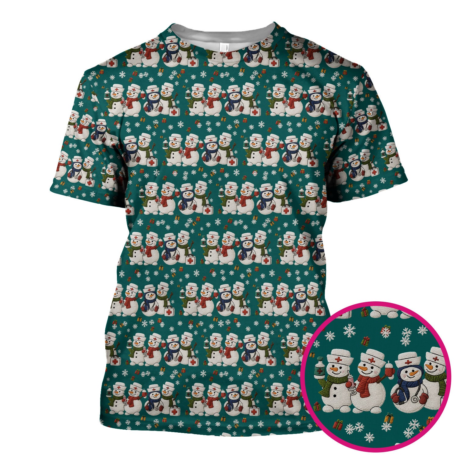Cute Christmas Snowman Nurse Pattern Scrub Top, Breathable Fabrics Nursing Uniform