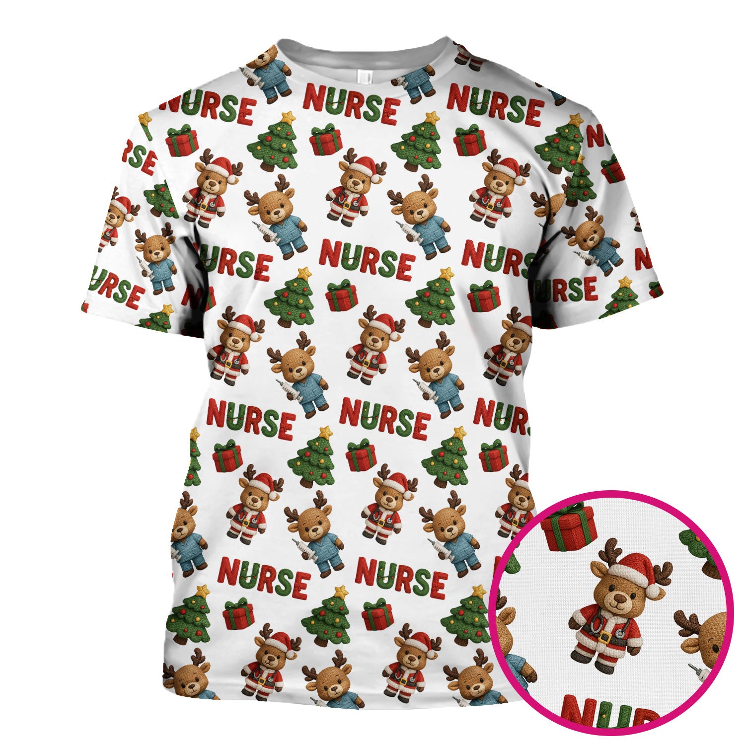 Reindeer Christmas Scrub Top, Cute Holiday Nurse Scrub Shirt, Festive Pattern Nursing Uniform