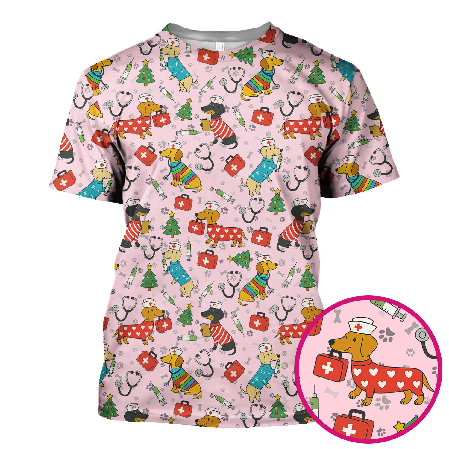 Christmas Dachshund Scrub Top - Funny Dog Nurse Scrubs Multi Color - Holiday Scrub Shirt Gift for Women Men, CNA, RN, Medical Professional