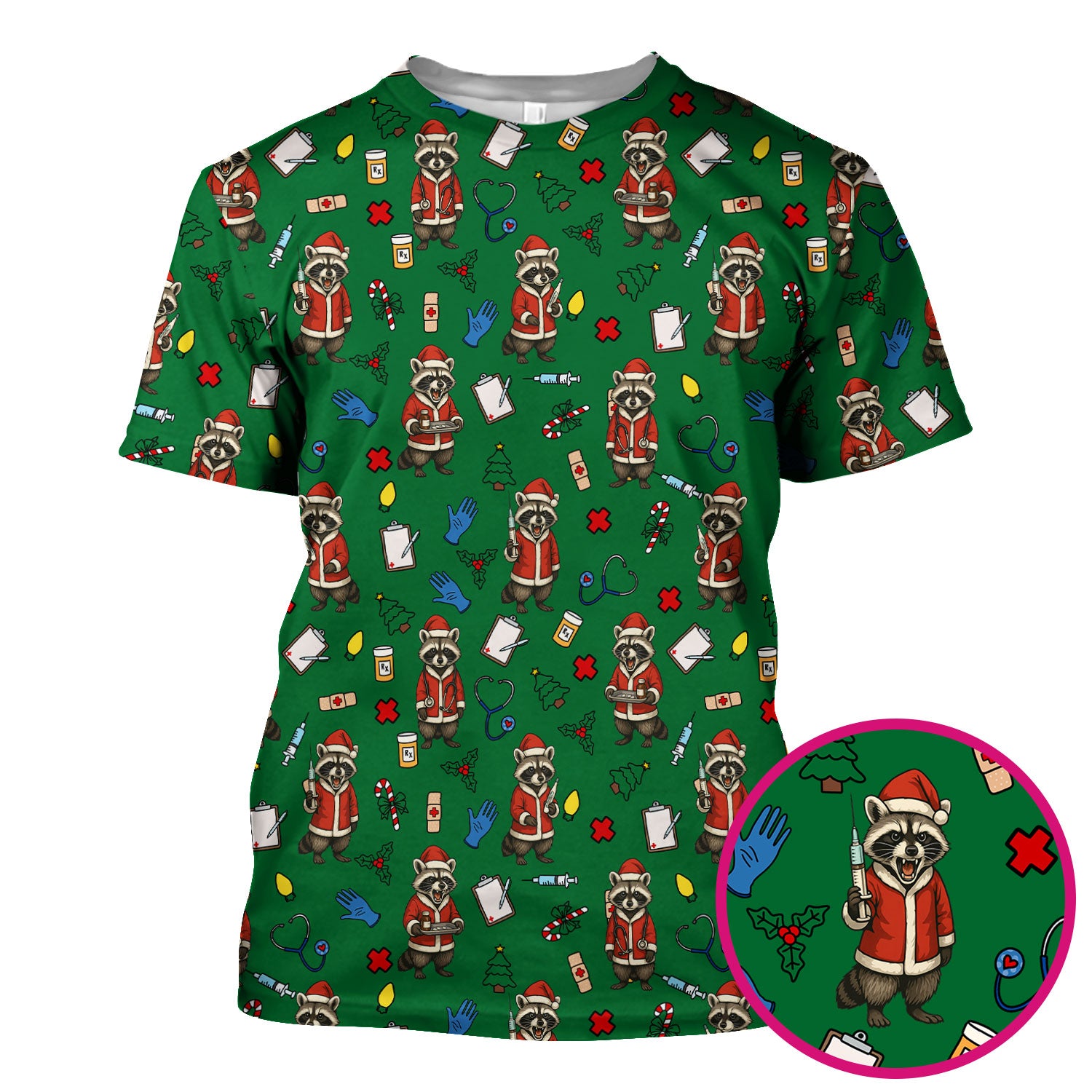 Festive Raccoon Pattern Scrub Top - Christmas Santa Print Medical Shirt - Fun Holiday Gift for RN LPN CNA Women
