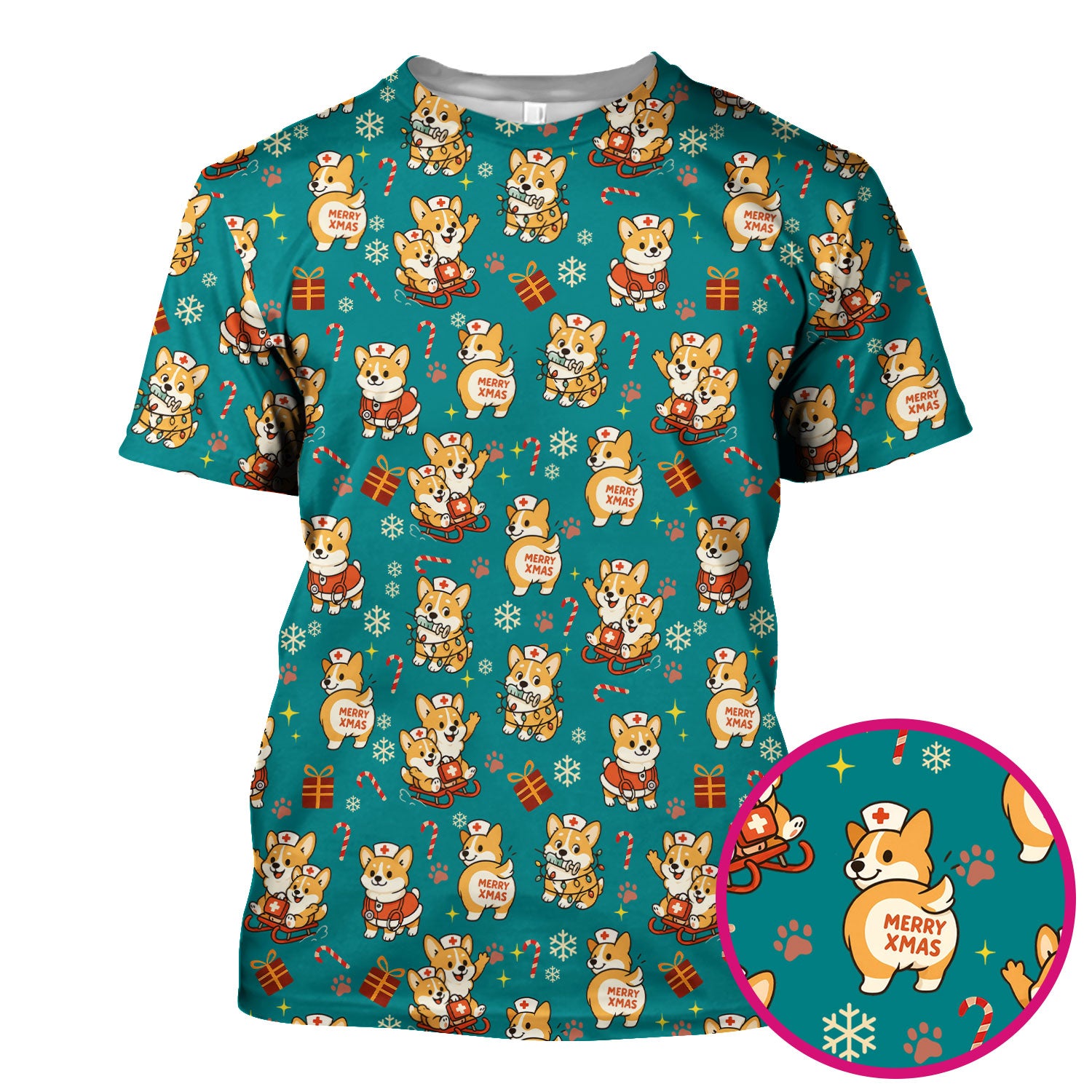 Christmas Corgi Scrubs for Nurses - Cute Corgi Pattern with Candy Canes, Snowflakes and Gifts - Funny Holiday Nurse Scrub Top Gift for Women RN CNA LPN