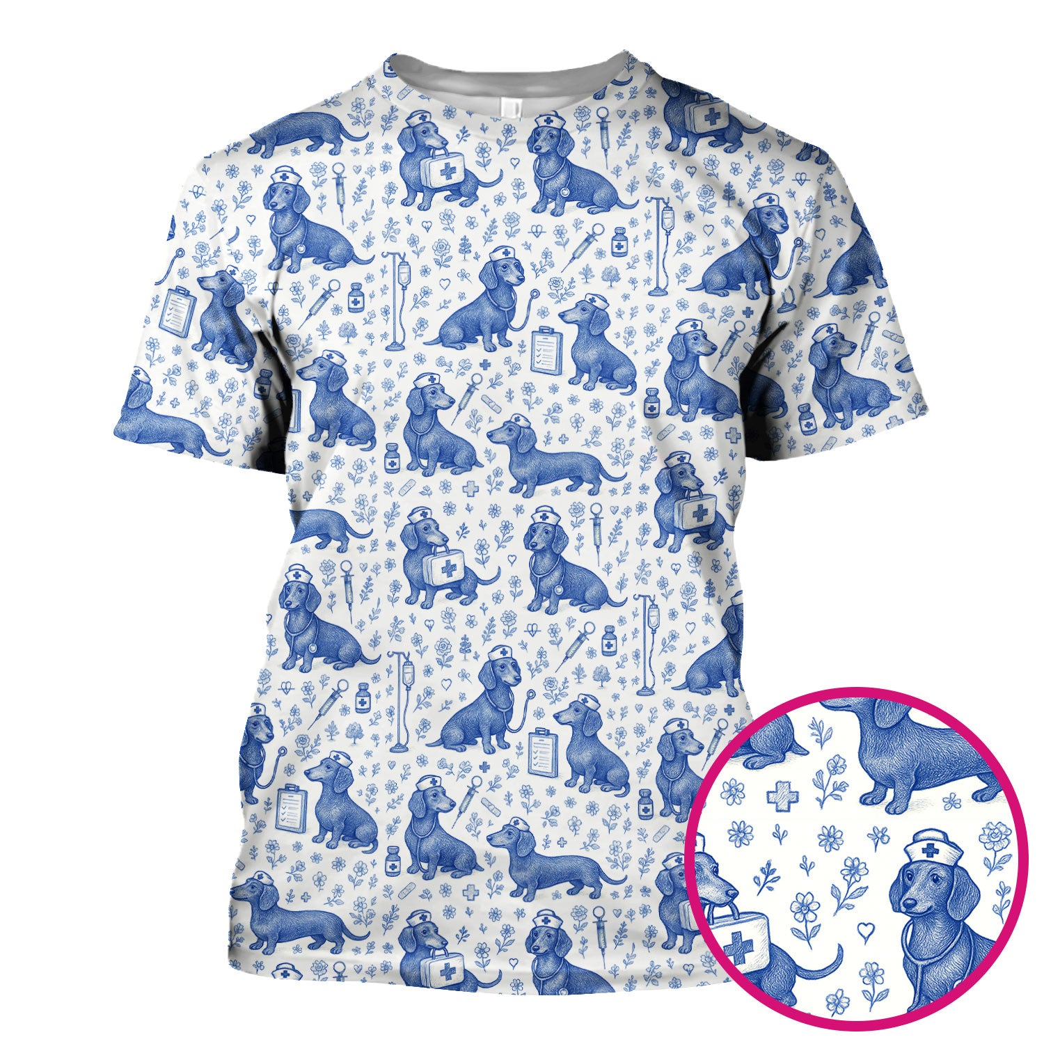Dachshund Nurse Scrub Top - Cute Dog Pattern Scrubs for Women - Funny Medical Shirt with Vintage Line Art Design