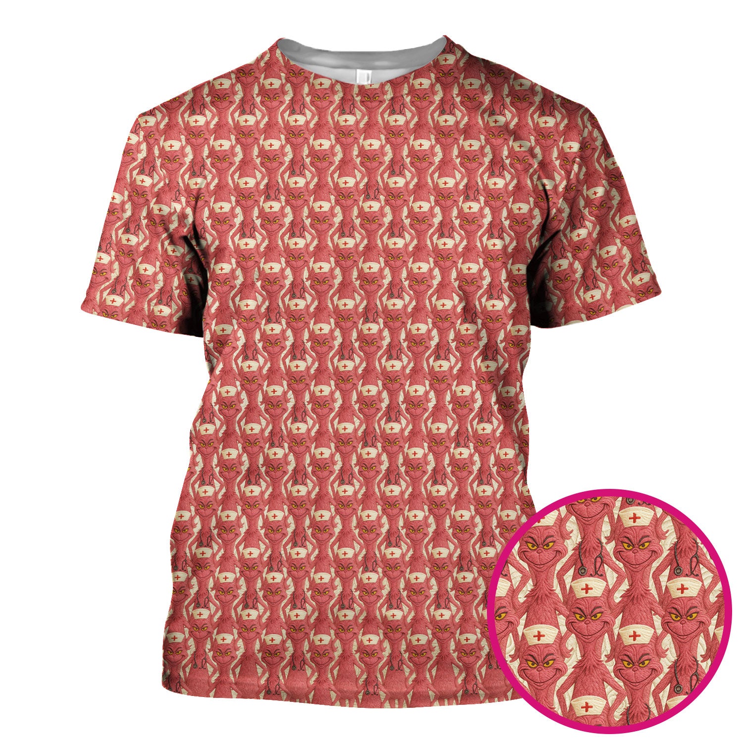 Funny Red Grinch Nurse Scrub Top - Cartoon Grinch Pattern Scrub Shirt Multi Color - Cute Christmas Holiday Nursing Workwear