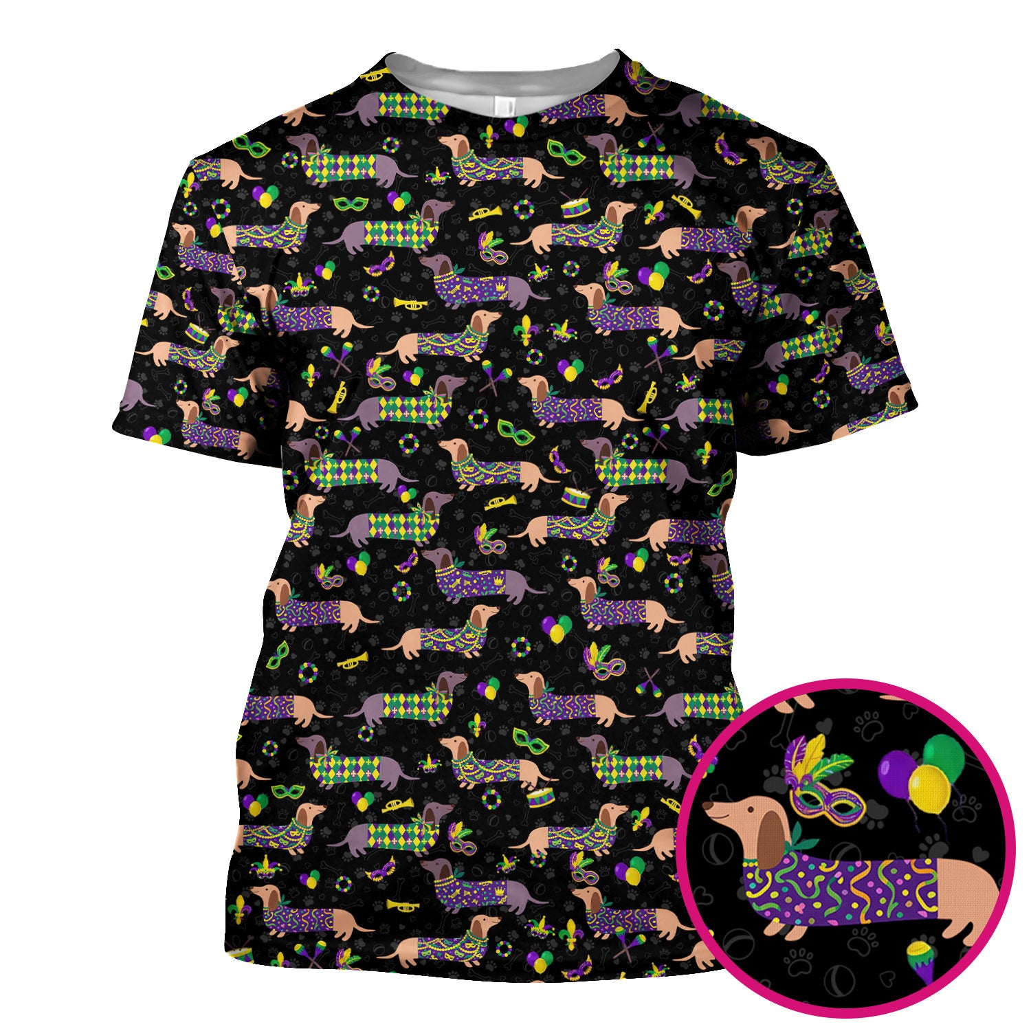 Mardi Gras Dachshund Nurse Scrub Top, Wiener Dog Holiday Pattern Nurses Shirt, Comfortable Uniform Scrubs For Nursing