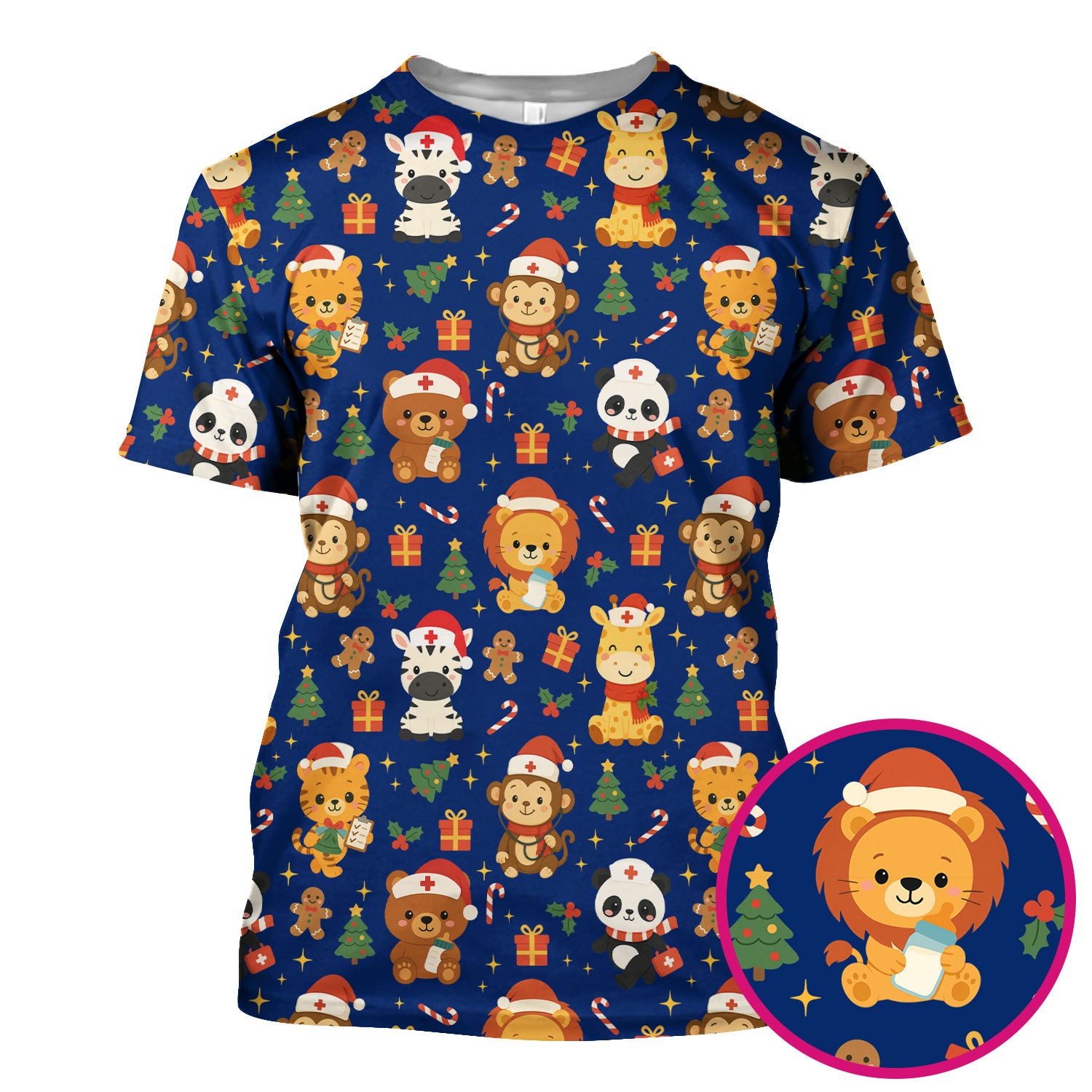 Funny Christmas Nurse Scrub Top - Adorable Safari Animal Pattern - Cute Festive Gift for Women RN LPN CNA
