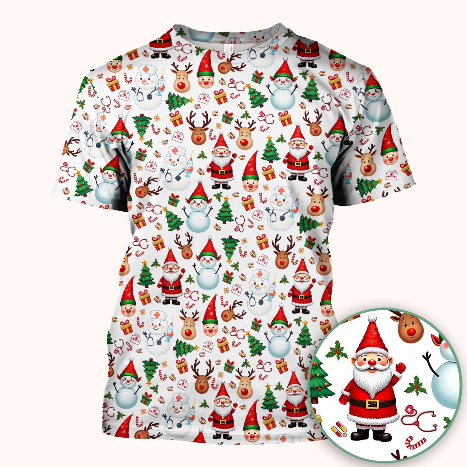 Christmas Nurse Scrub Top - Cute Snowman Santa Reindeer Pattern Medical Shirt - Festive Holiday Scrubs for Women RN CNA LPN