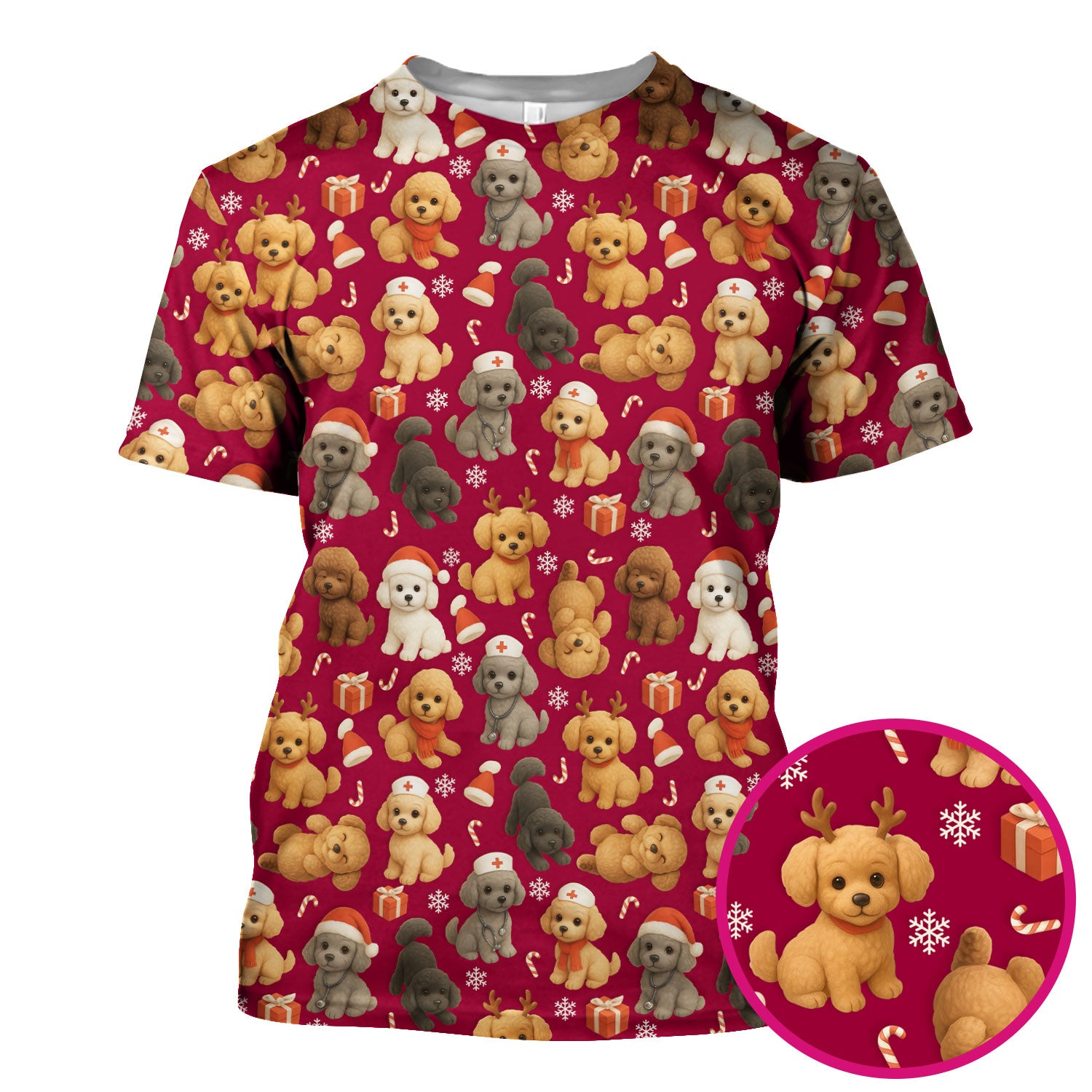 Christmas Poodle Scrubs for Women - Cute Dog Pattern Medical Scrub Top - Festive Holiday Christmas Scrubs with Adorable Poodle Design