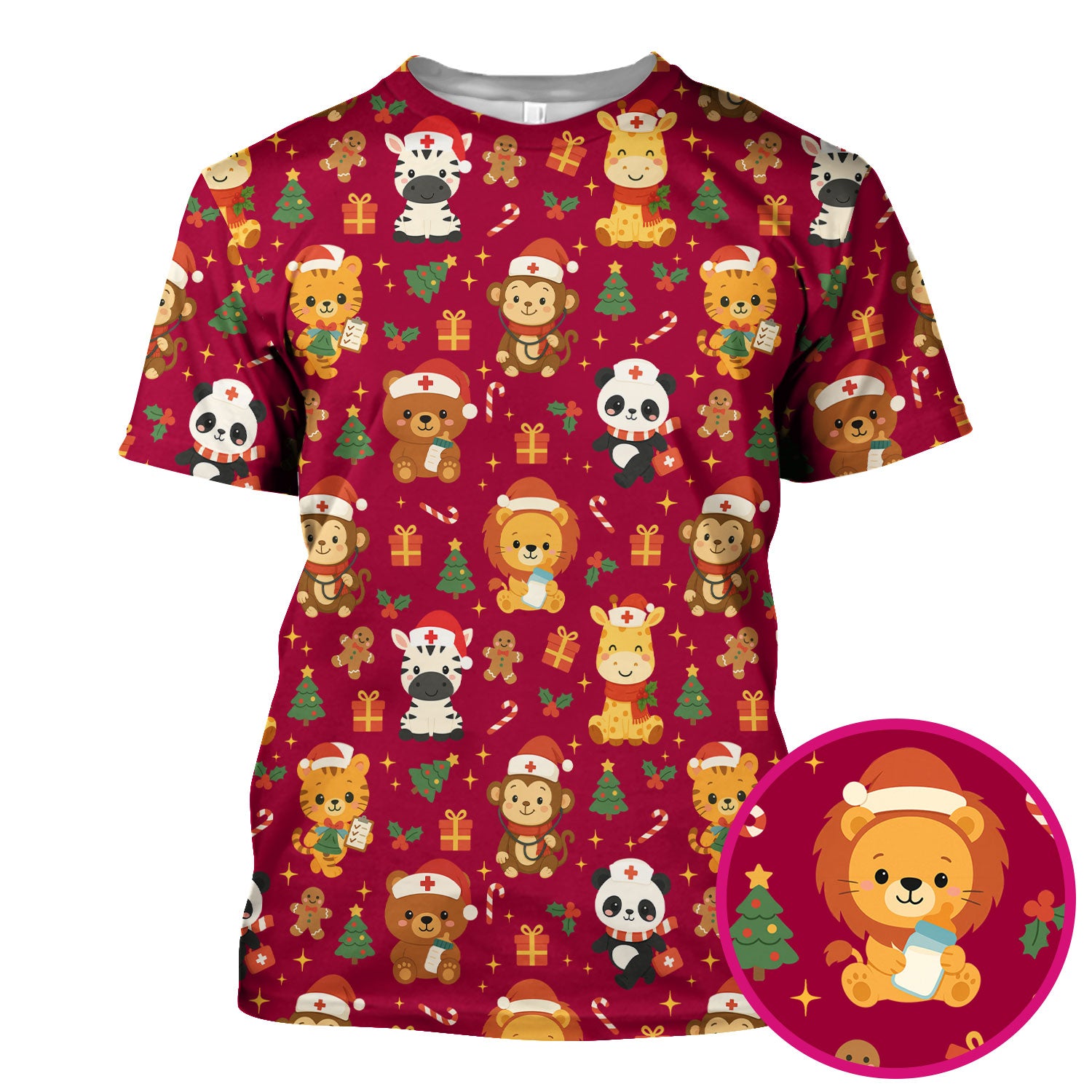 Funny Christmas Nurse Scrub Top - Adorable Safari Animal Pattern - Cute Festive Gift for Women RN LPN CNA