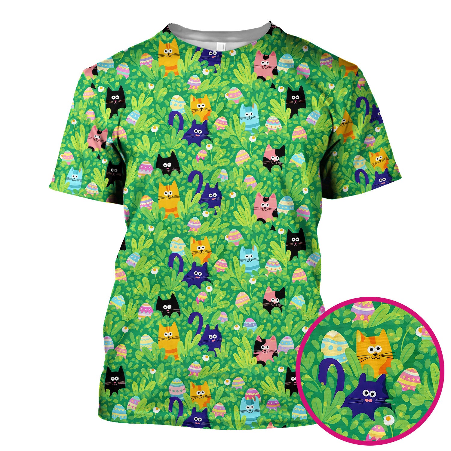Colorful Easter Cats Green Leaves Print Scrub Top, Comfortable Scrubs for Nurses