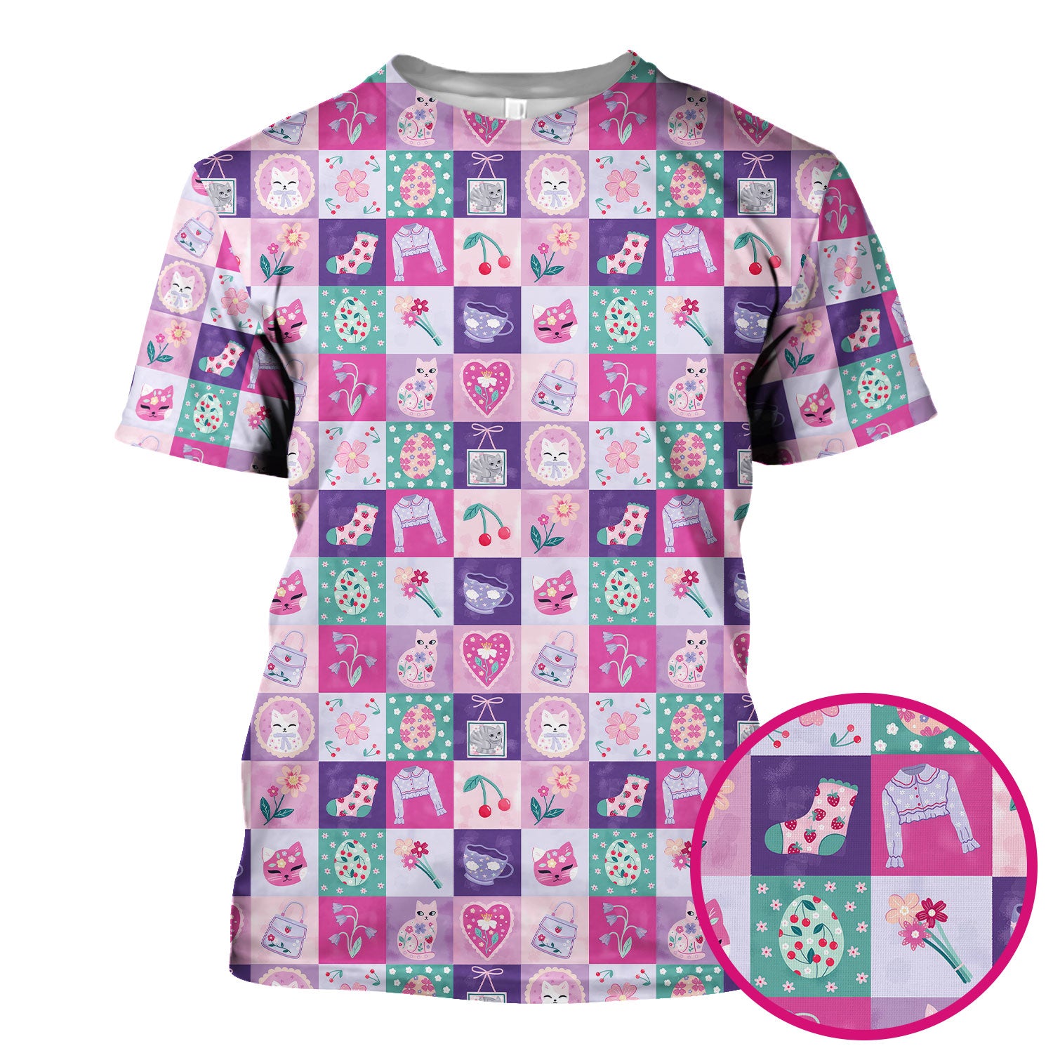 Pastel Cat Patchwork Scrub Top, Kawaii Floral Nursing Uniform