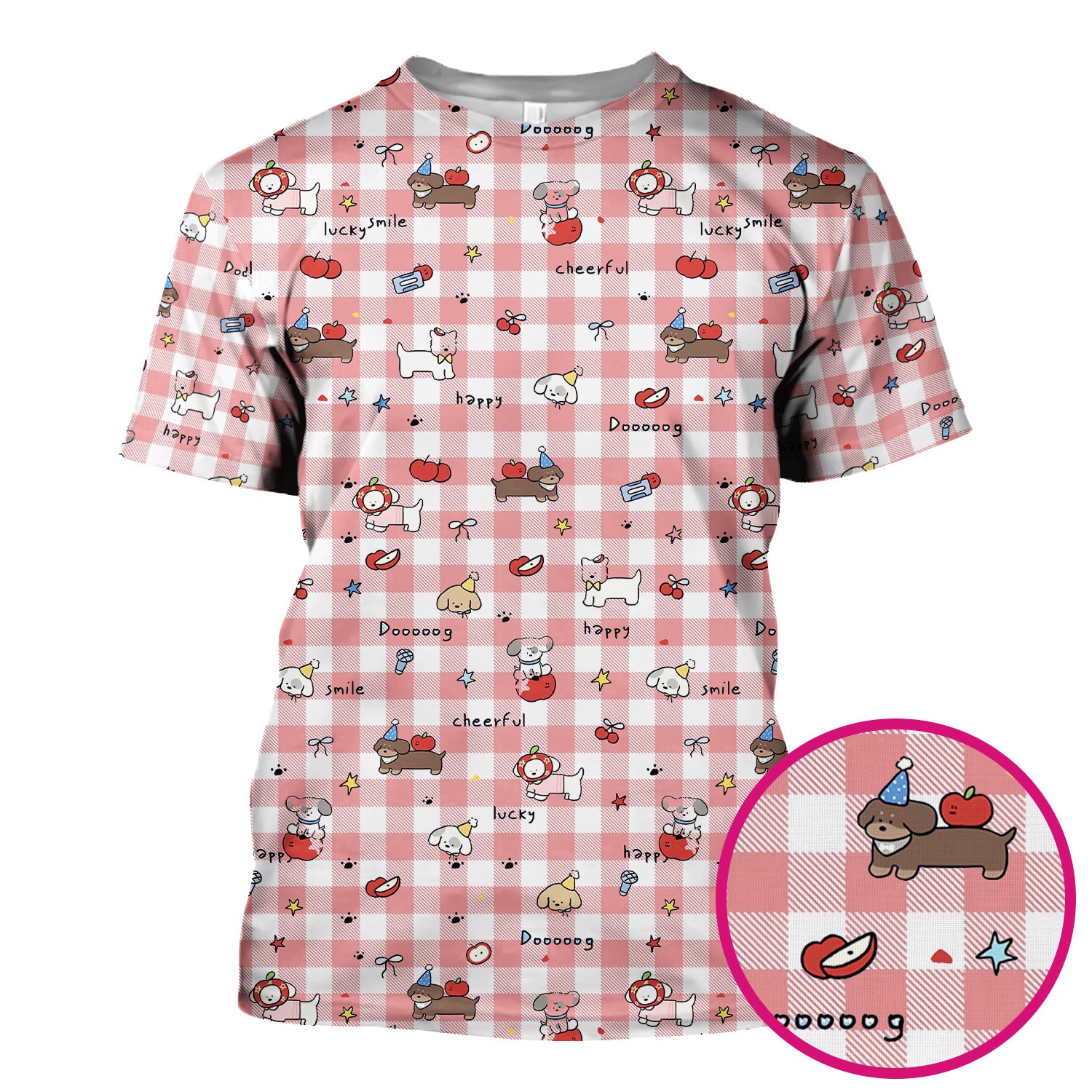 Cute Nurse Cartoon Puppy Apple Gingham Scrub Top, Breathable Fabrics Nursing Uniform