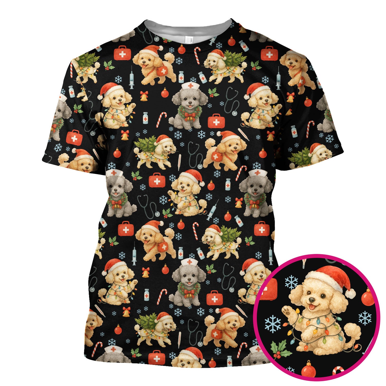 Cute Christmas Dog Scrub Top - Puppy Nurse Shirt Santa Hat Print - Holiday Medical Scrubs Gift for Women CNA RN Doctor