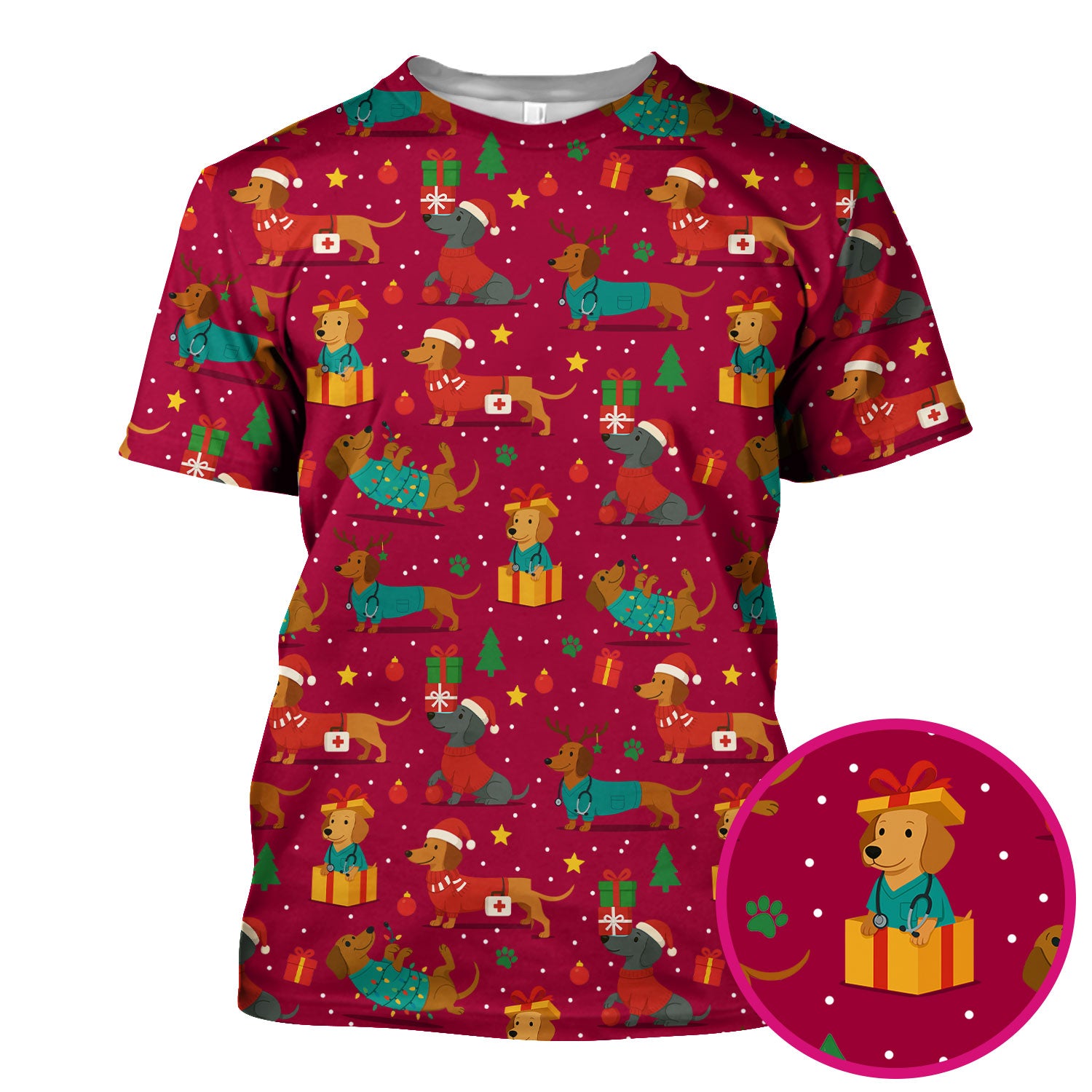 Dachshund Scrub Top Christmas - Cute Dog Nurse Shirt - Holiday Medical Scrubs Gift for Women CNA RN Doctor