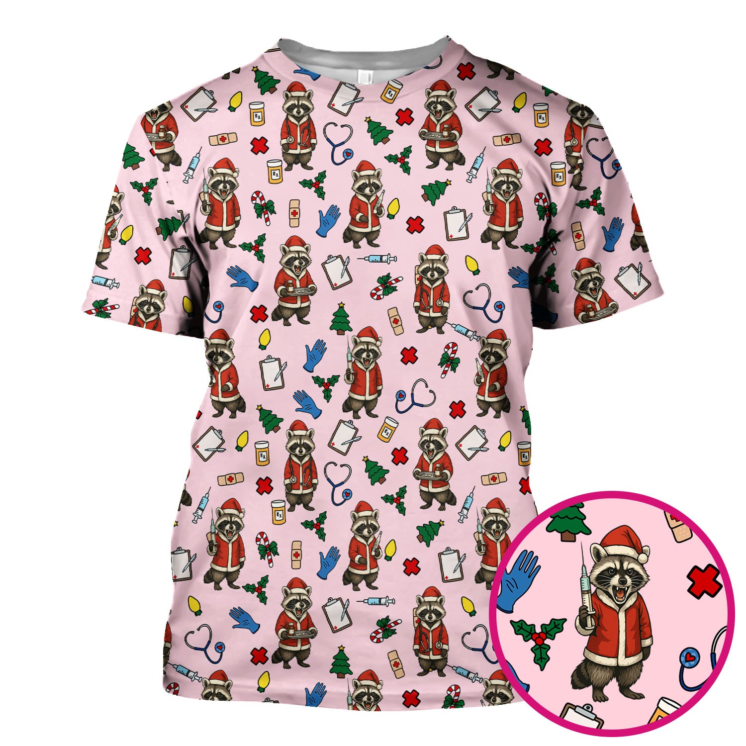 Christmas Raccoon Nurse Scrub Top - Funny Holiday Santa Pattern Shirt - Cute Medical Gift for RN LPN CNA Women