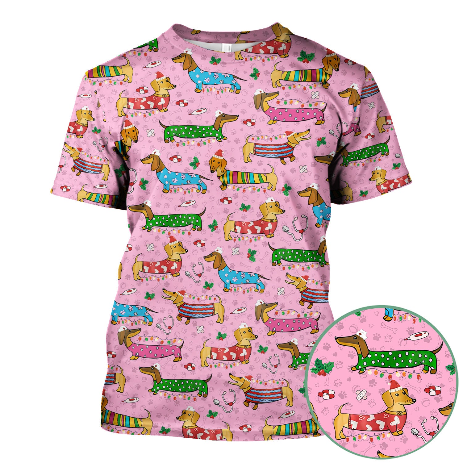 Christmas Dachshund Nurse Scrub Top - Cute Wiener Dog in Holiday Outfit - Funny Medical Shirt Gift for Women RN LPN CNA
