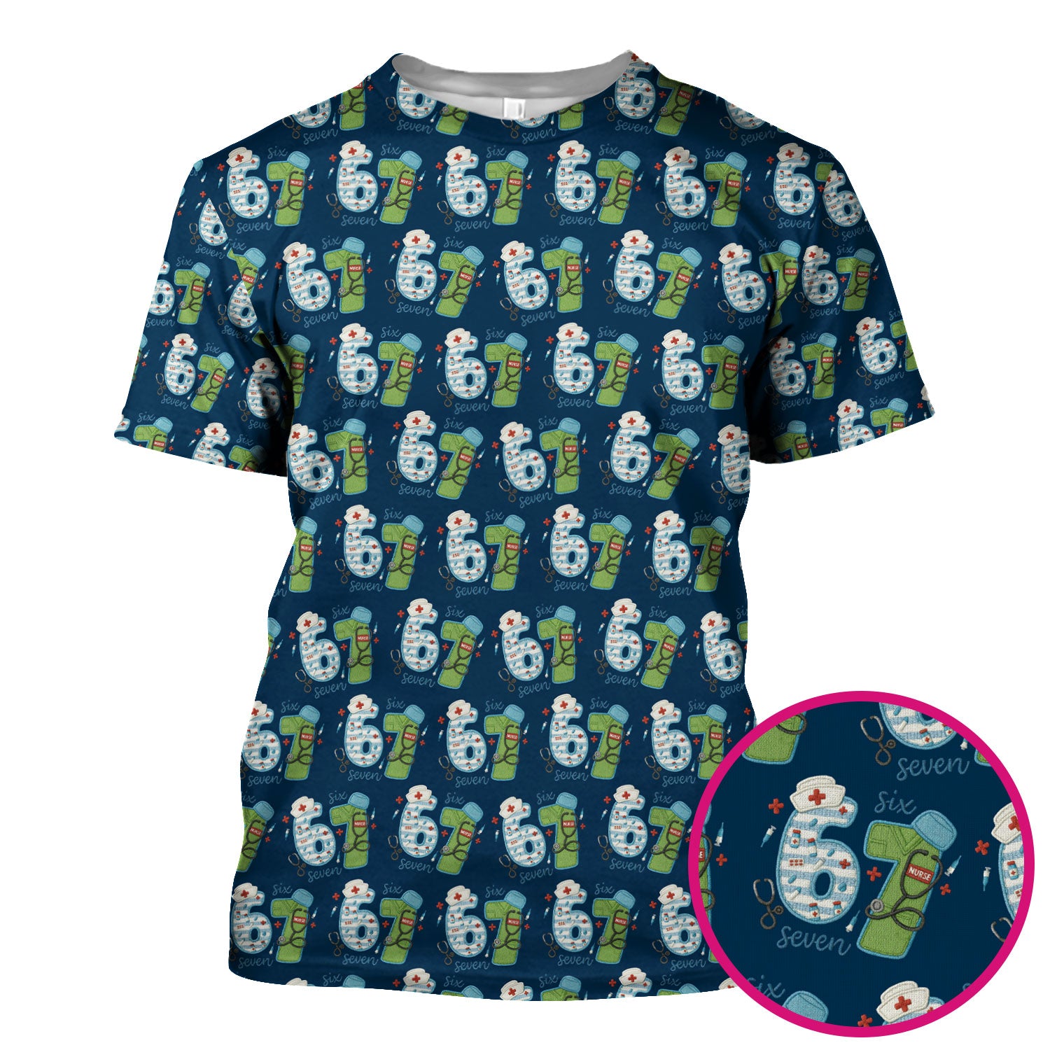 Nurse Six Seven Pattern Scrub Top, Cute Medical Number Print Shirt for Nursing Professionals