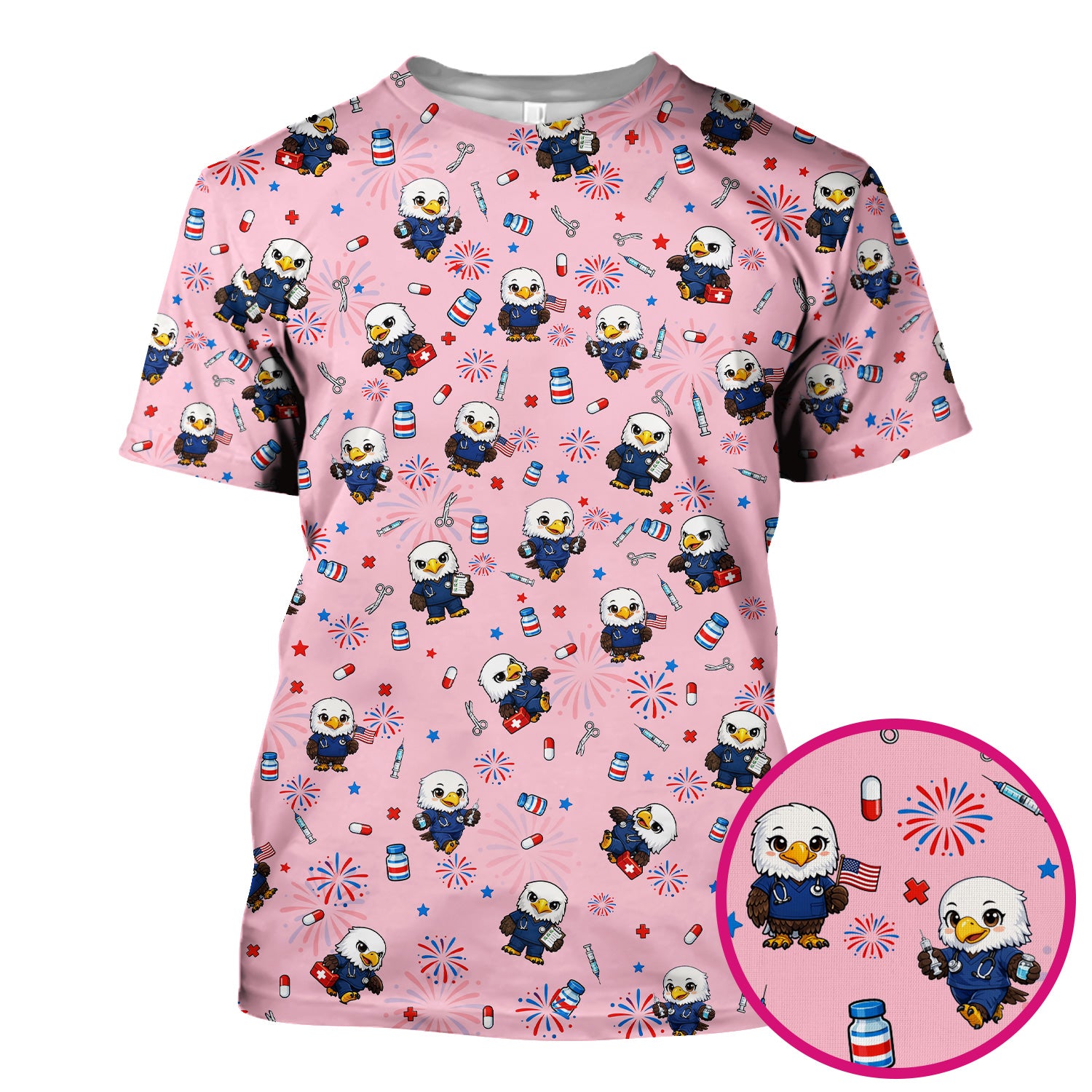 Patriotic Nurse Eagle Fireworks Medical Pattern Scrub Top, Breathable Fabrics Nursing Uniform