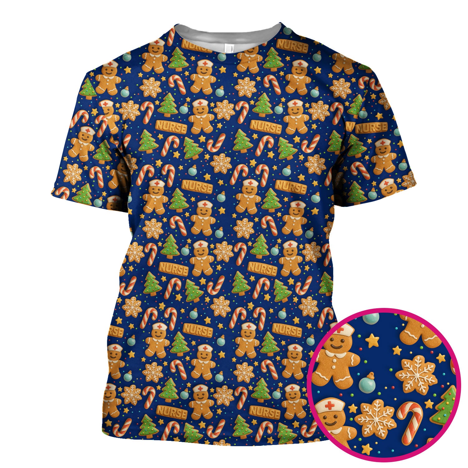 Gingerbread Scrubs Christmas Edition - Cute Cookie Pattern Medical Scrub Top for Women - Holiday Christmas Scrubs with Fun Festive Print