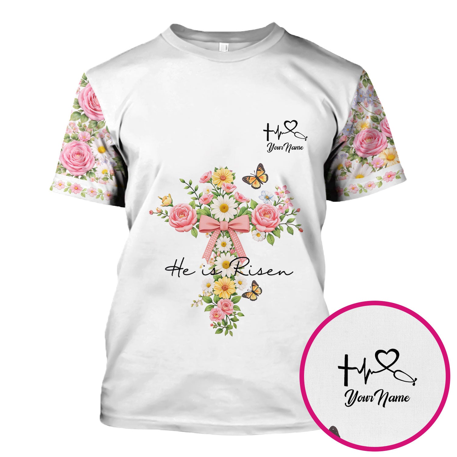 Personalized Meaningful Easter Nurse He Is Risen Floral Cross Bow Pattern Scrub Top, Comfortable Scrubs for Nurses