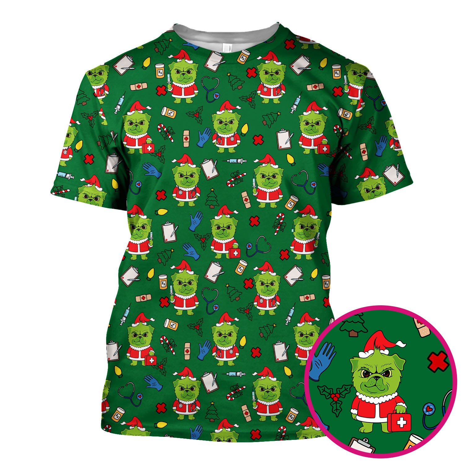 Funny Christmas Scrub Top for Nurses - Grumpy Dog and Medical Tools Pattern - Holiday Nurse Scrubs for Women