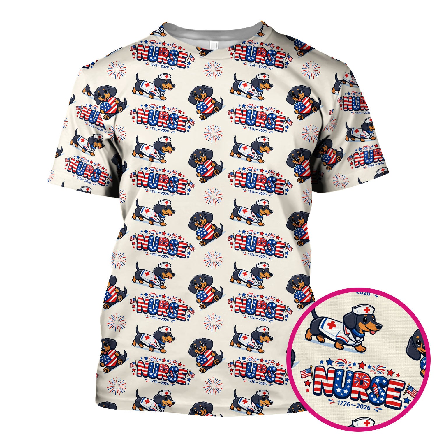 Proud Nurse Patriotic Dachshund Medical Firework Pattern Scrub Top, Comfortable Scrubs for Nurses