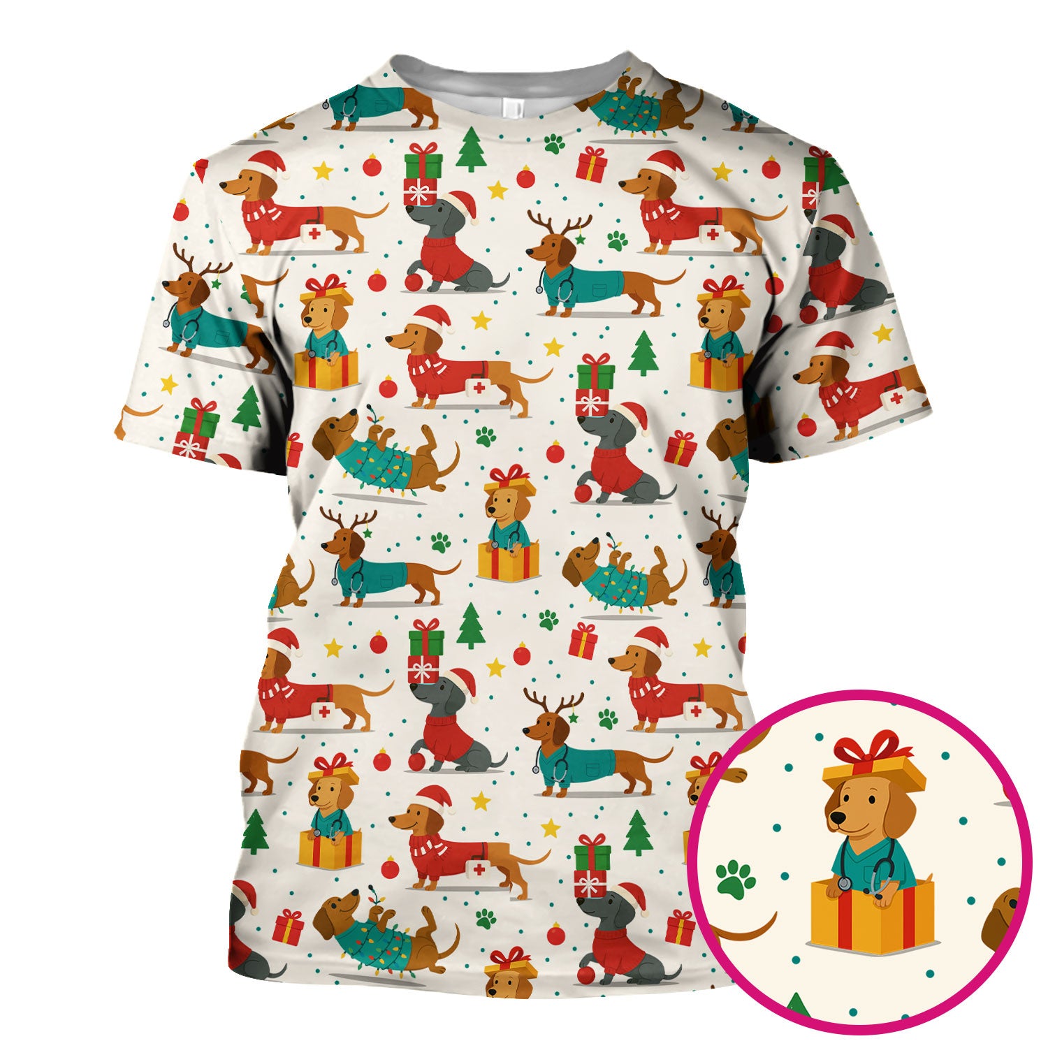 Christmas Dog Scrub Top for Women - Cute Dachshund Nurse Shirt - Holiday Medical Scrubs Gift for CNA RN Doctor