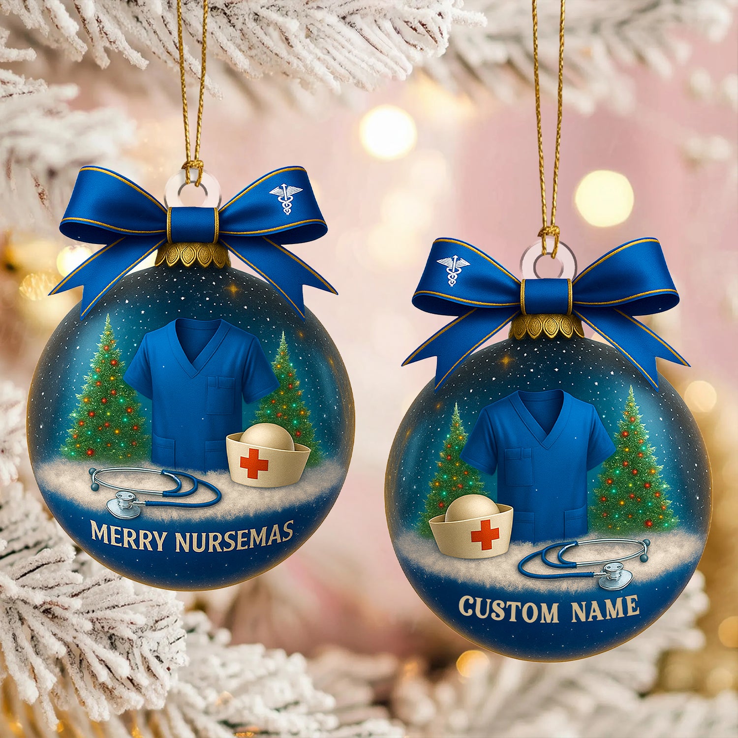 Custom Name Nurse Ornament, Blue Scrub Christmas Ornament With Bow, Merry Nursemas Medical Ornament, Holiday Gift for RN And Doctor