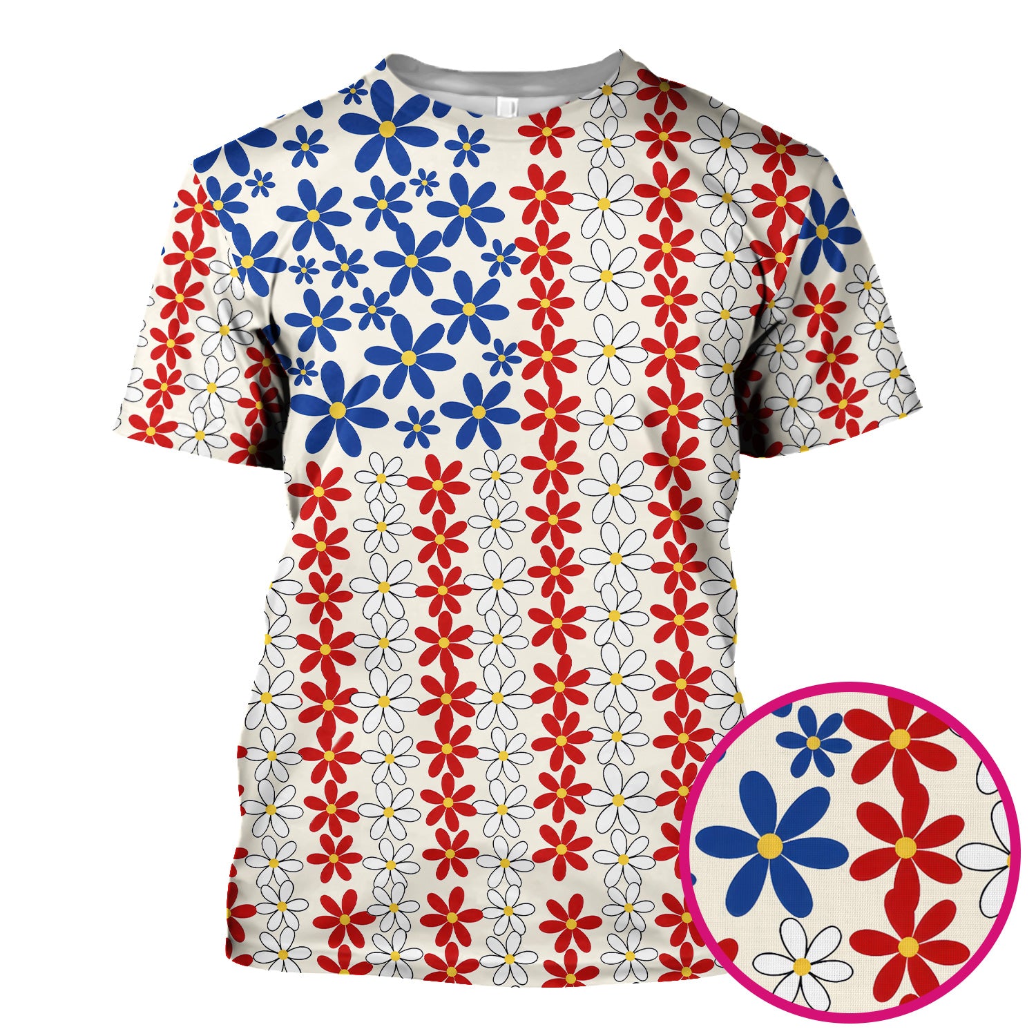 Retro Red Blue Daisy Stripe Pattern Scrub Top, Comfortable Scrubs for Nurses