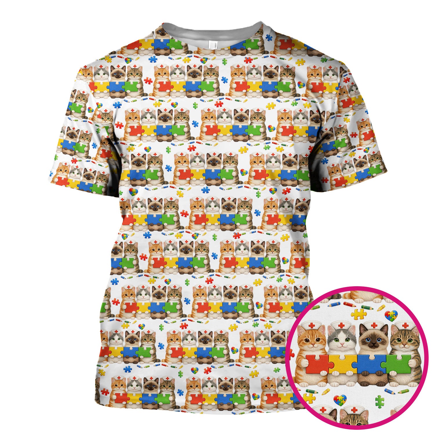 Autism Awareness Nurse Scrub Top, Cat Autism Pattern Nurses Shirt, Comfortable Uniform Scrubs For Nursing