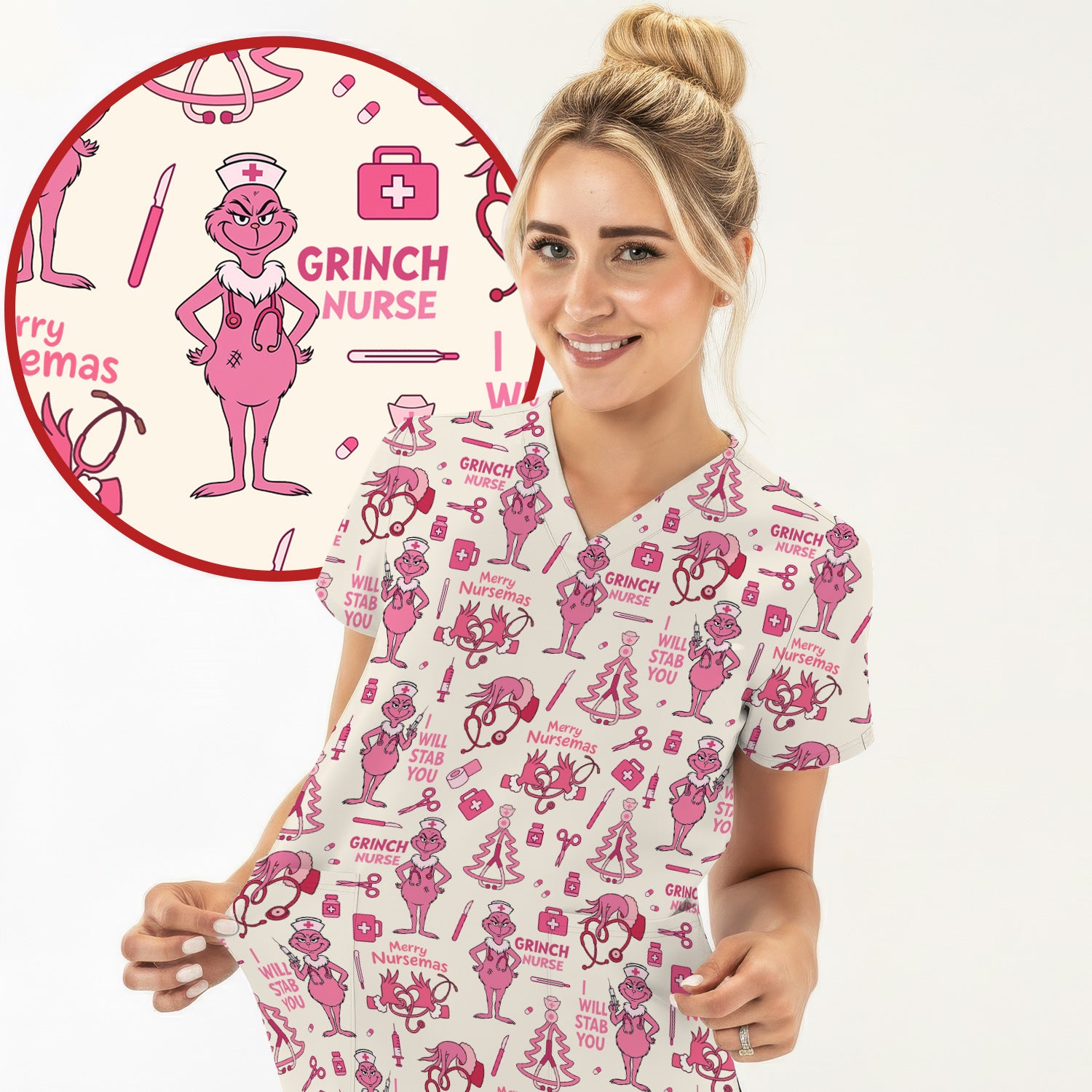 Personalized Funny Grinch Nurse Scrub Top - I Will Stab You - Multiple Color Options RN LPN CNA Gift
