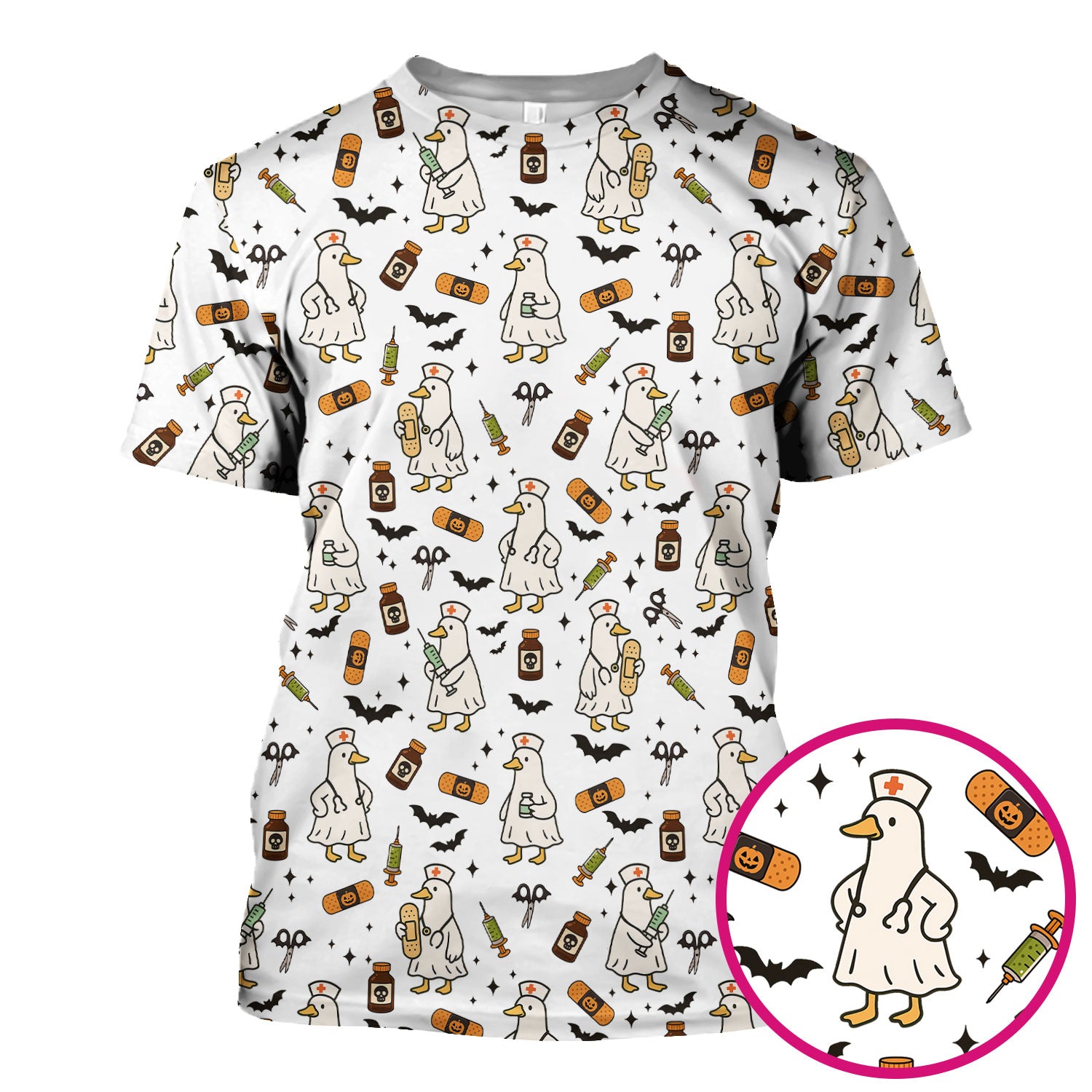 Cute Duck Pattern Nurse Scrub Top - Funny Goose Halloween Medical Design - Playful Spooky Nursing Shirt for RN LPN CNA Women