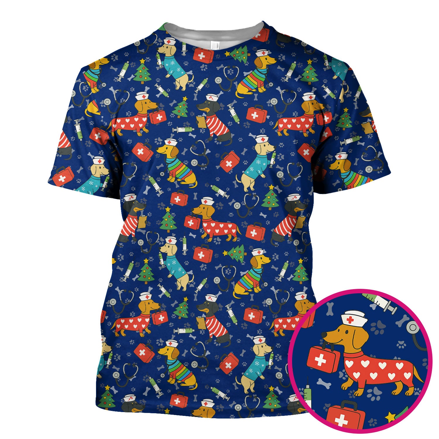 Christmas Dachshund Scrub Top - Funny Dog Nurse Scrubs Multi Color - Holiday Scrub Shirt Gift for Women Men, CNA, RN, Medical Professional