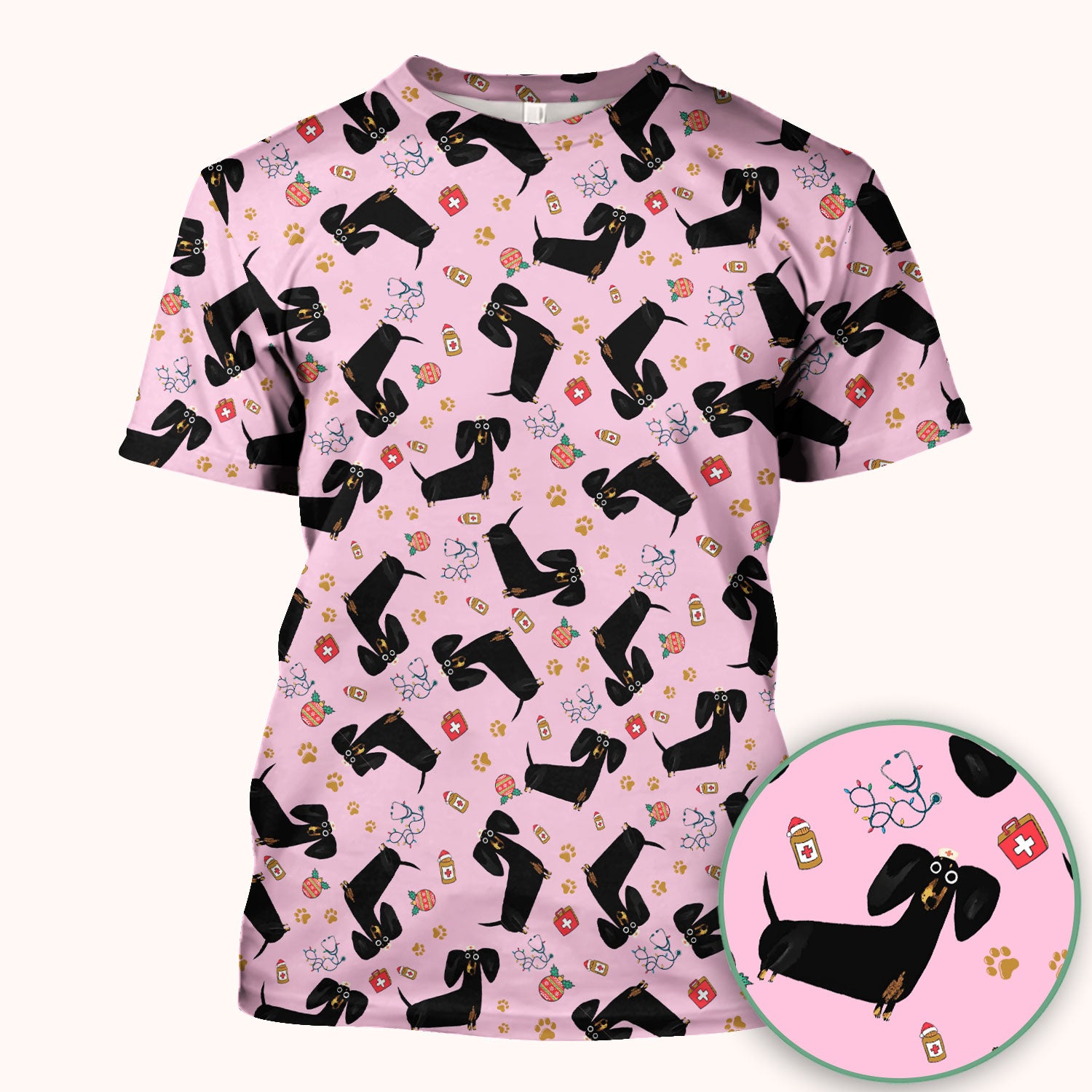Funny Black Dachshund Scrub Top for Nurses - Cute Wiener Dog Medical Shirt - Puppy Lover Nursing Gift for Women
