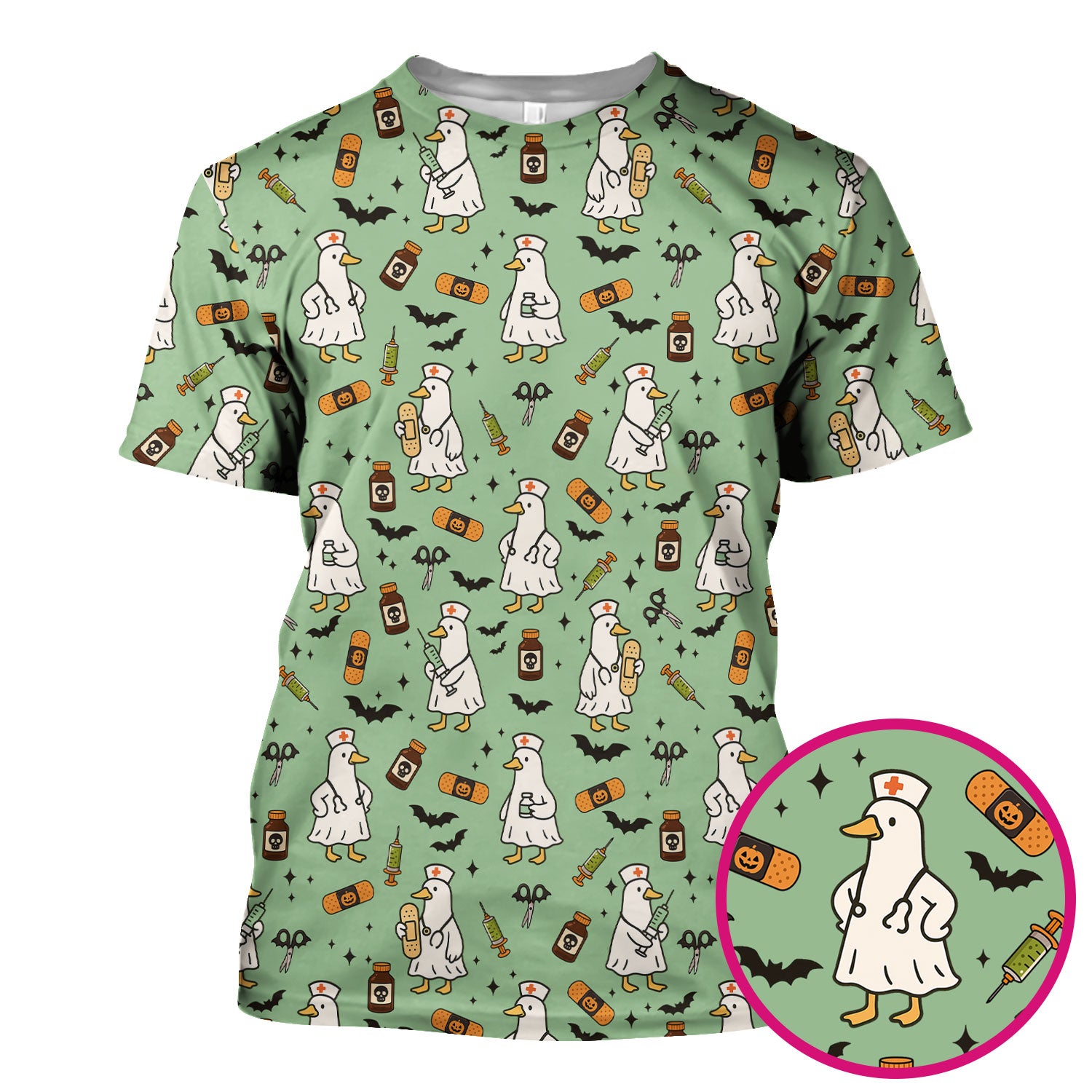 Cute Duck Pattern Nurse Scrub Top - Funny Goose Halloween Medical Design - Playful Spooky Nursing Shirt for RN LPN CNA Women